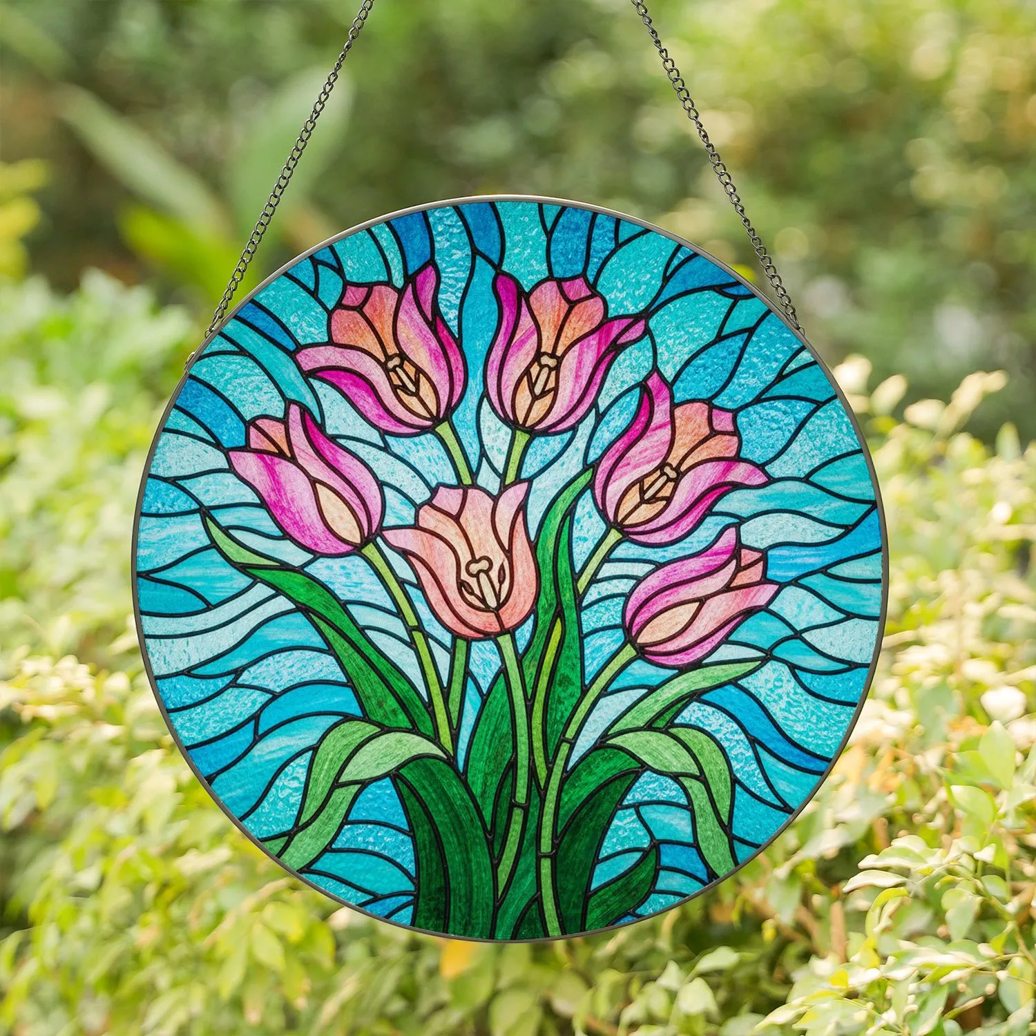 Blooming Tulips Stained Glass Mosaic Art - Tiffany Style Window Hanging Home Decor Gift Stained Glass Suncatcher - 1