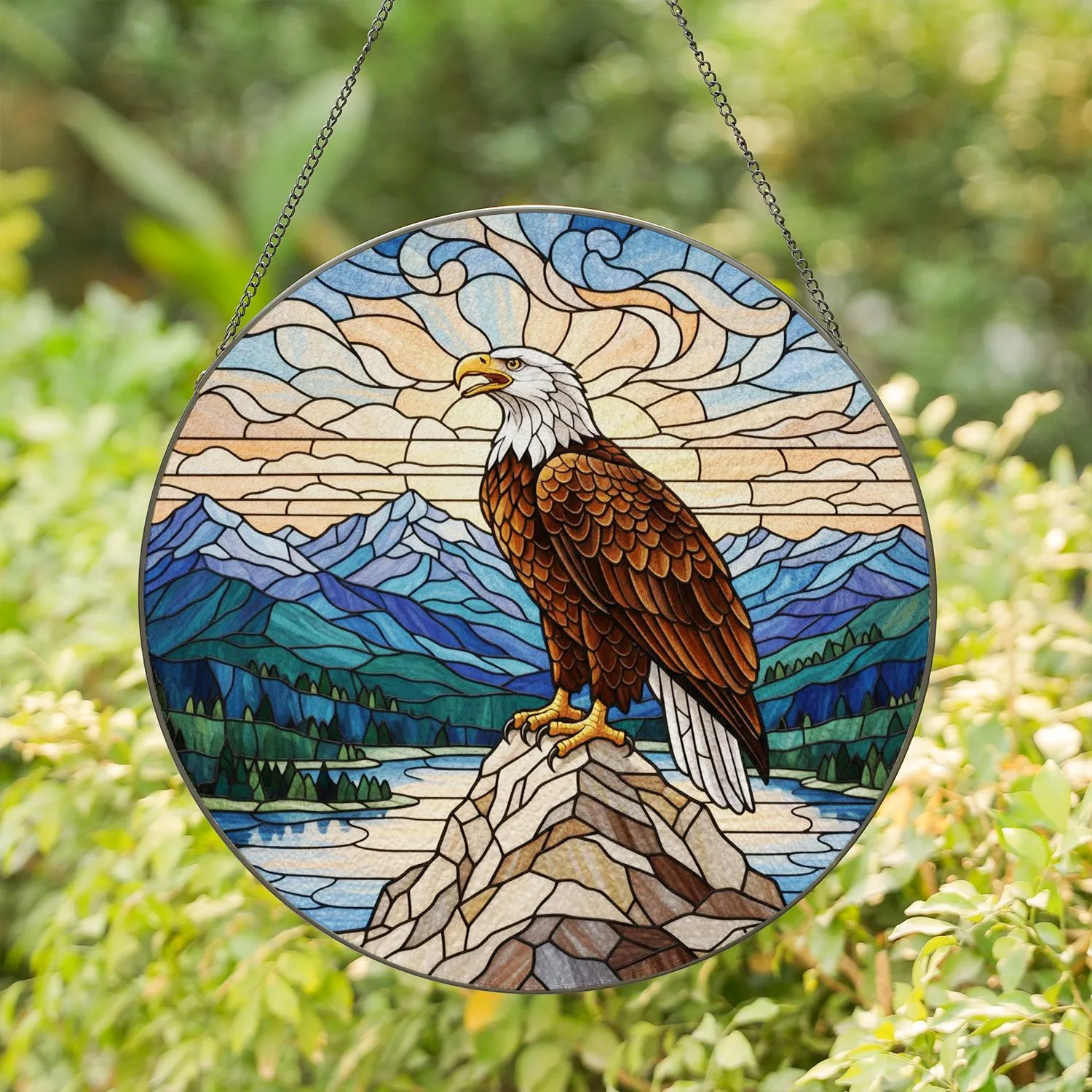 Majestic Bald Eagle Rocky Mountain, Tiffany Stained Glass Look, Panoramic Landscape Art Stained Glass Suncatcher - 1