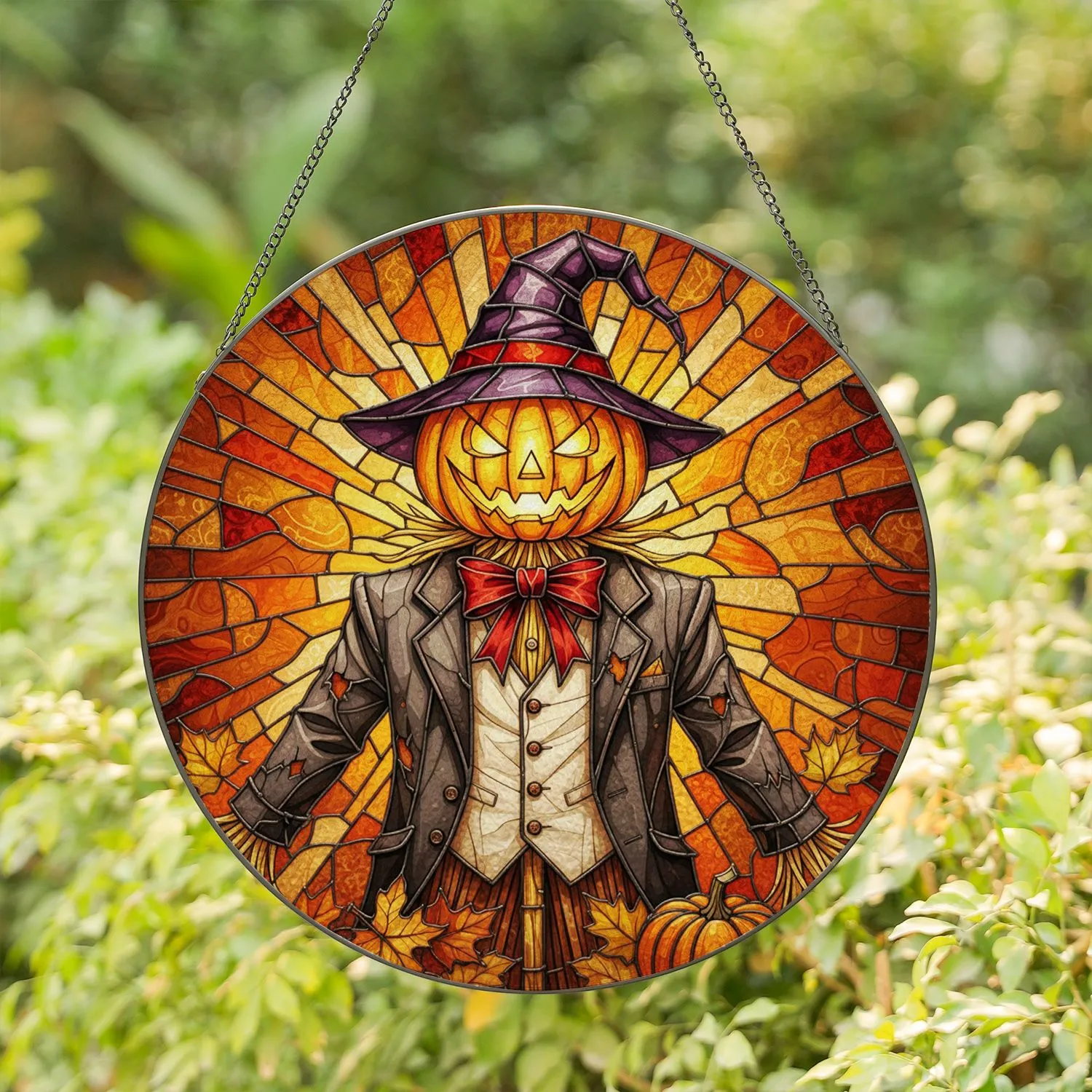 Scarecrow Jack-O'-Lantern Witch Hat Autumn Leaves Pumpkin - Fall Harvest Halloween Decor Stained Glass Suncatcher - 1