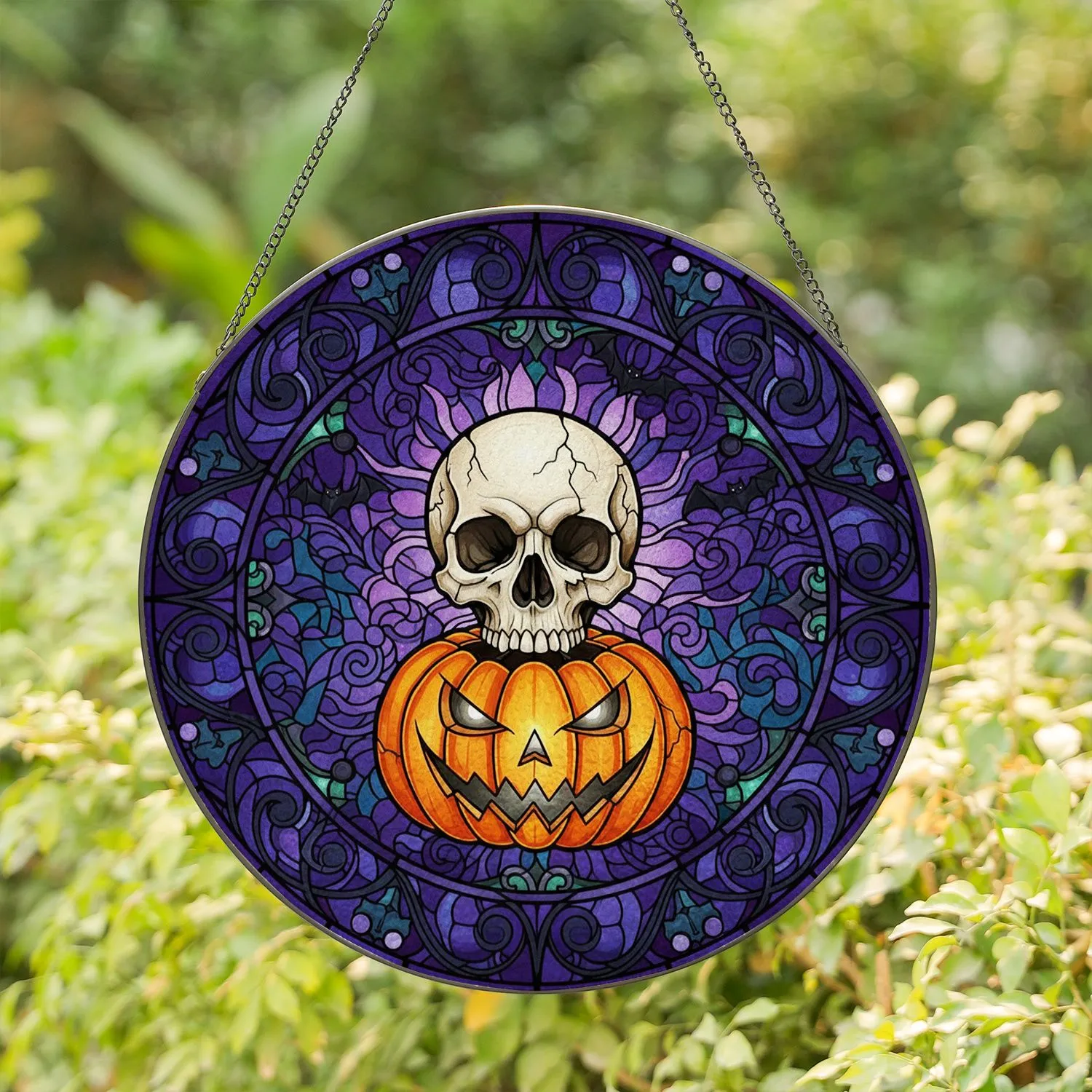 Cracked Skull Jack-O'-Lantern Gothic Bats Stained Glass Purple Teal Halloween Decor Stained Glass Suncatcher - 1