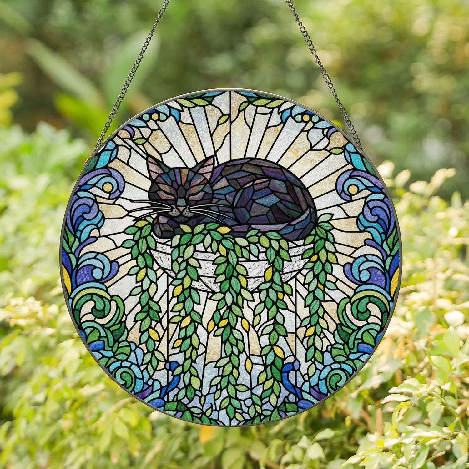 Black Cat Planter Vines Tiffany Glass Faceted - Garden Window Home Decor Gift Stained Glass Suncatcher - 1