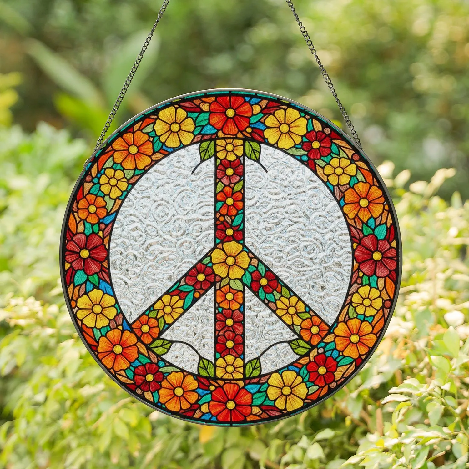 Jewel Tone Tiffany Style Stained Glass Peace Sign Flower Leaf Mosaic Decor Stained Glass Suncatcher - 1