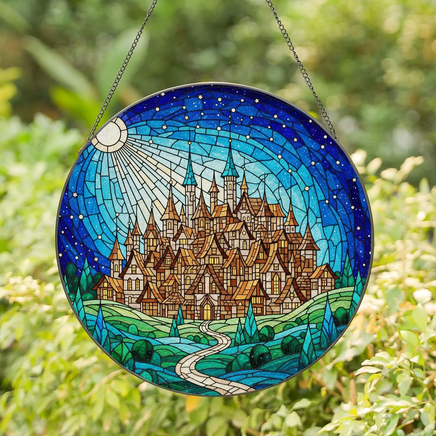 Medieval Village Glowing Windows Pointed Roofs Full Moon Starry Night Tiffany Glass Art Stained Glass Suncatcher - 1