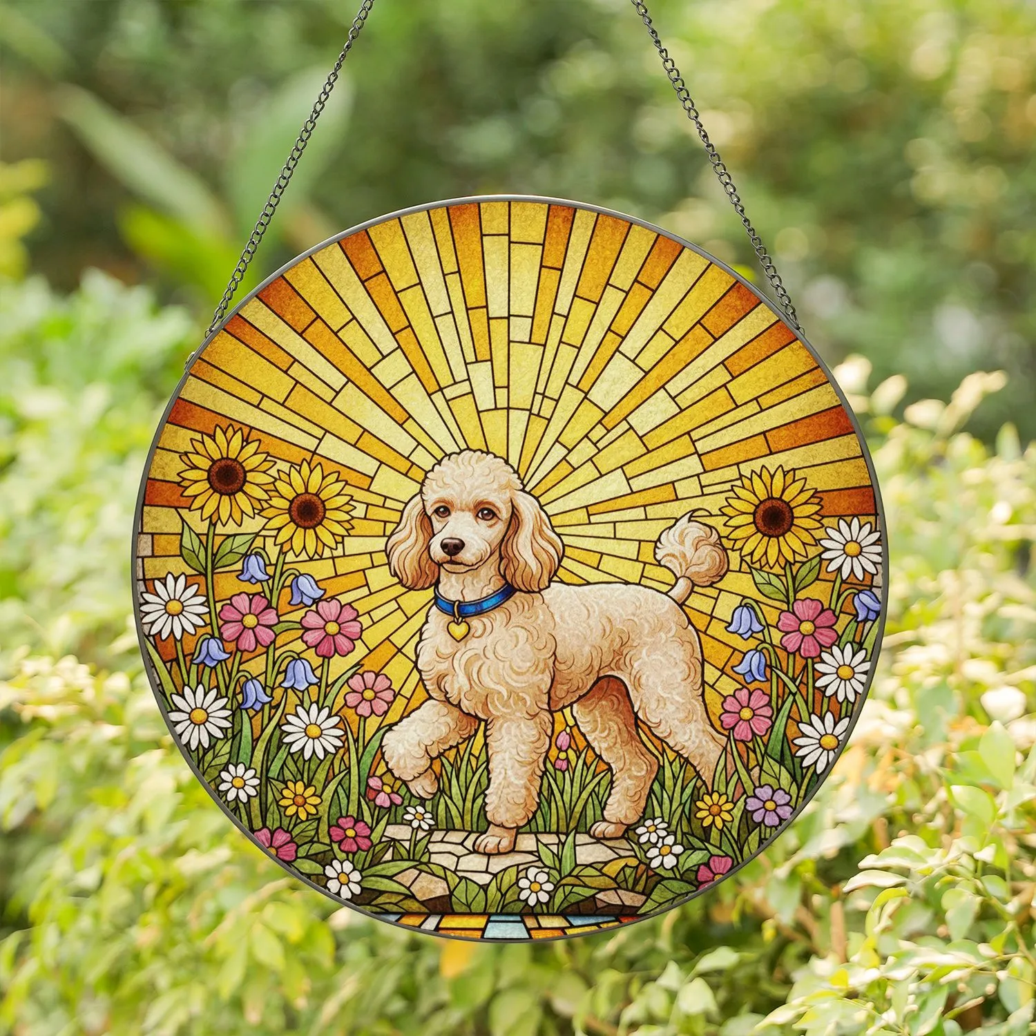 Stained Glass Poodle Wildflowers Sunburst - Tiffany Style Art Gift for Dog Lovers Stained Glass Suncatcher - 1