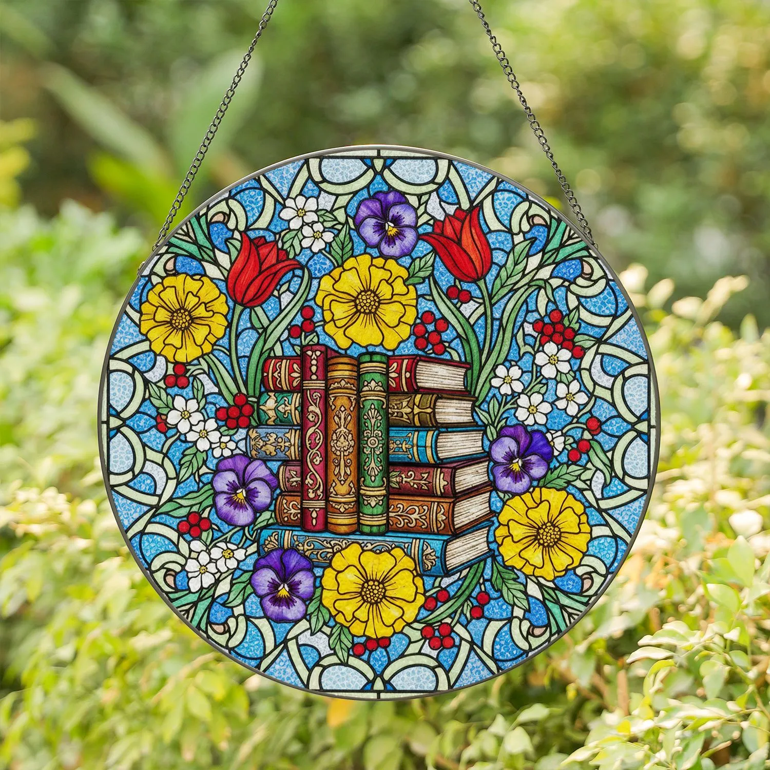 Stacked Old Books Stained Glass with Marigolds Tulips Pansies & Mosaic Patterns Gift for Readers Stained Glass Suncatcher - 1