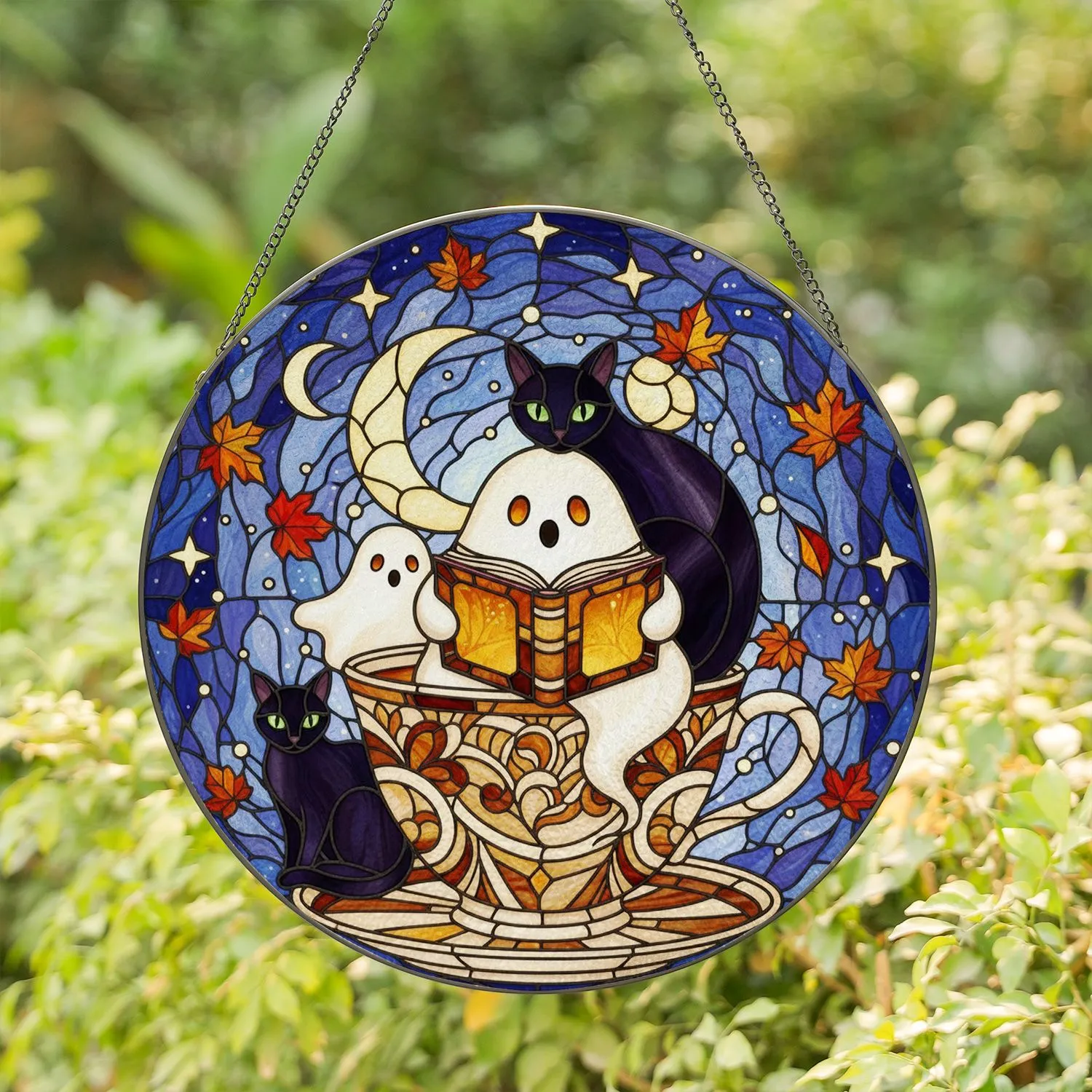 Friendly Ghost Reading Book Teacup Black Cats Moonlit Sky Intricate Stained Glass Stained Glass Suncatcher - 1