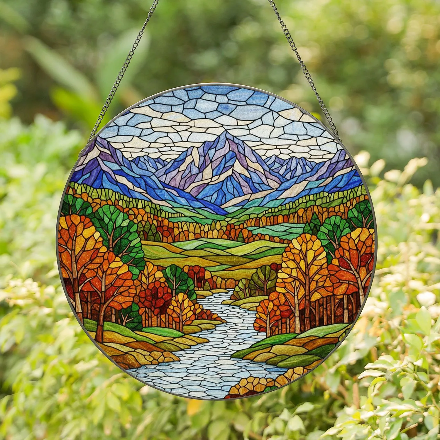 Tiffany Style Mountain River Autumn Trees Landscape Jewel Tones - Nature Lover Gift Stained Glass Suncatcher - 1