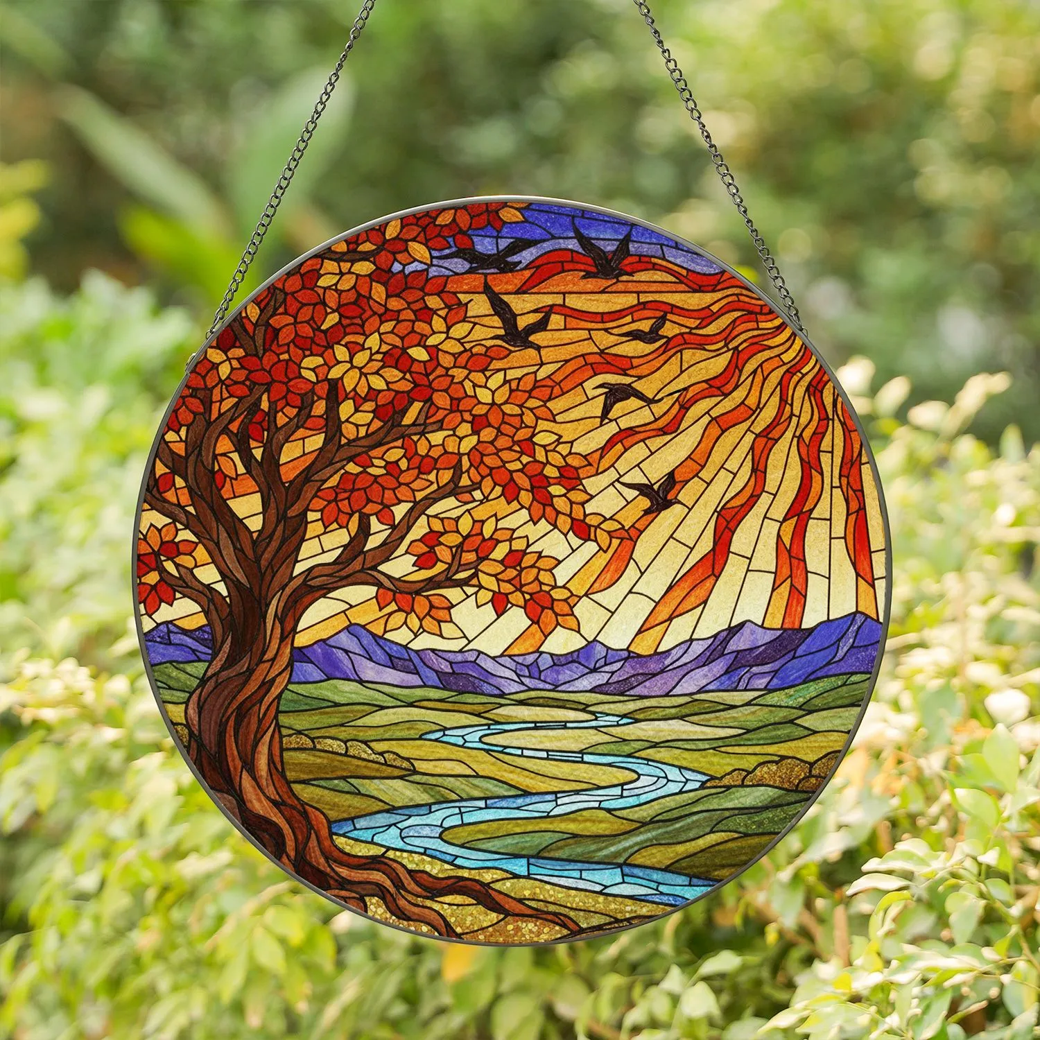 Tiffany Style Autumn Tree Sun Mountain River Landscape Jewel Tone Birds High Contrast Stained Glass Suncatcher - 1