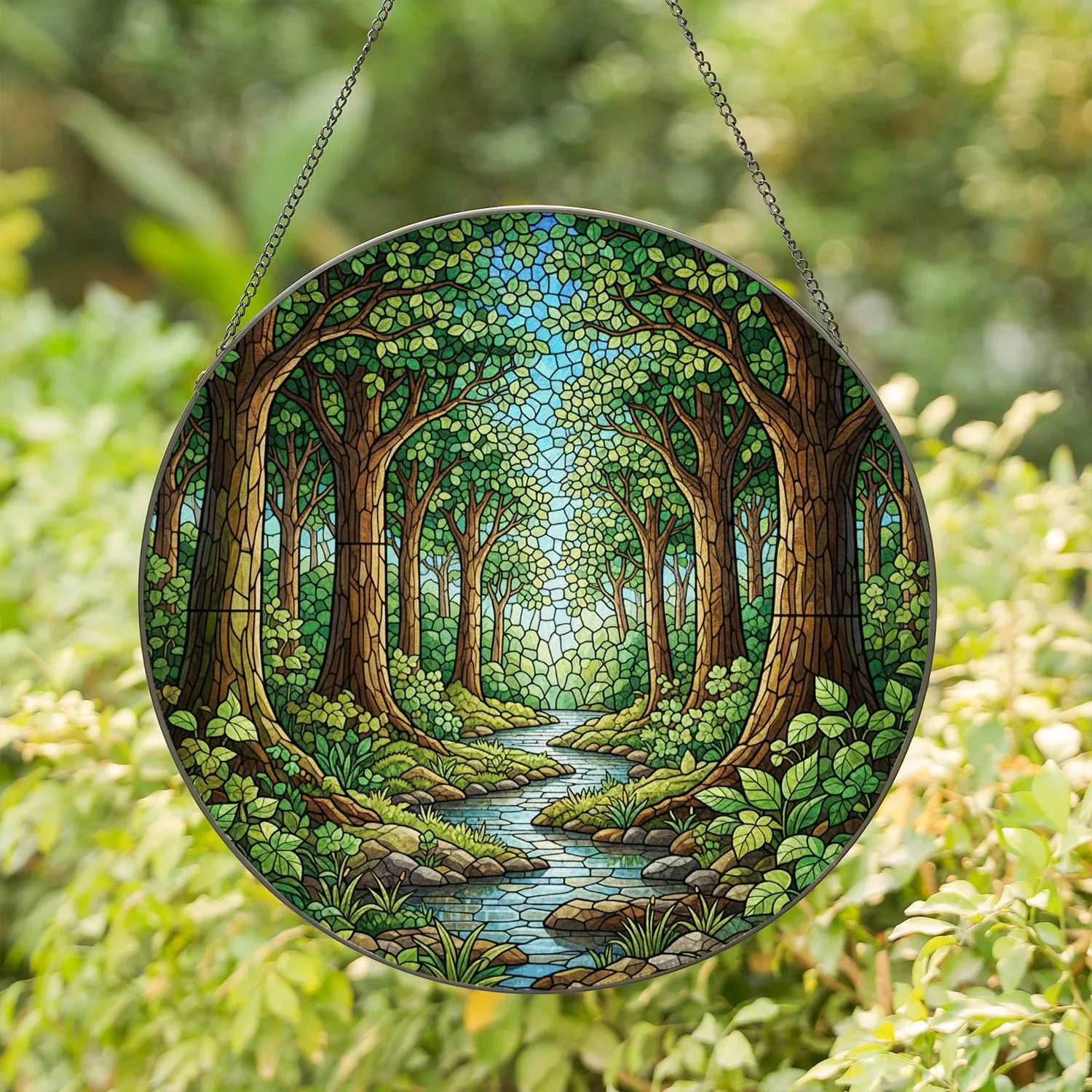 Stained Glass Forest Path Stream Art - Tiffany Style Glowing Jewel Tone Nature Decor Gift Stained Glass Suncatcher - 1