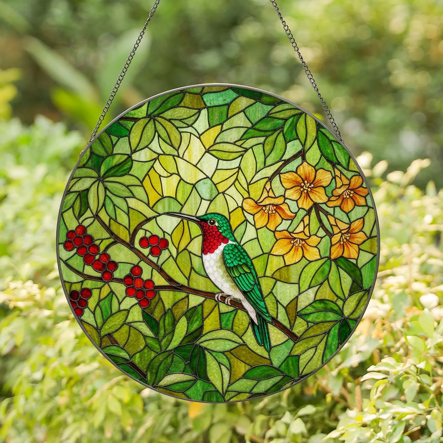 Vibrant Tiffany Stained Glass Hummingbird Berries Flowers Leaves Decor Gift Stained Glass Suncatcher - 1