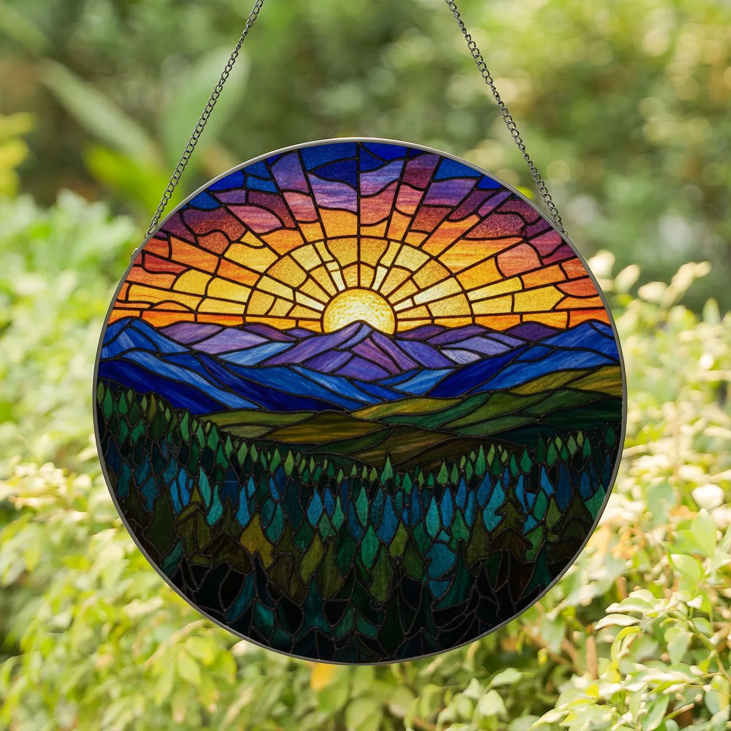 Golden Sun Mountain Sunset Forest Stained Glass - Tiffany Style Landscape Home Decor Stained Glass Suncatcher - 1