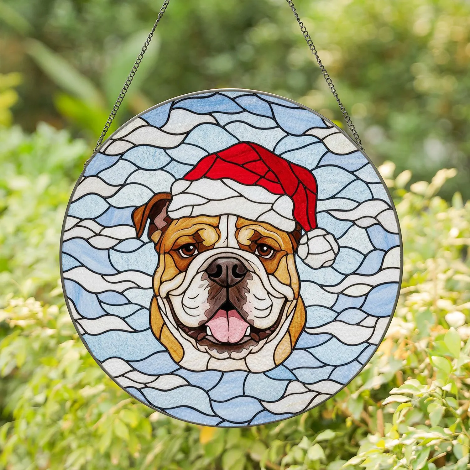 English Bulldog Santa Hat Christmas Gift - Tiffany Glass Winter Sky Decor for Dog Lovers Stained Glass Suncatcher - 1