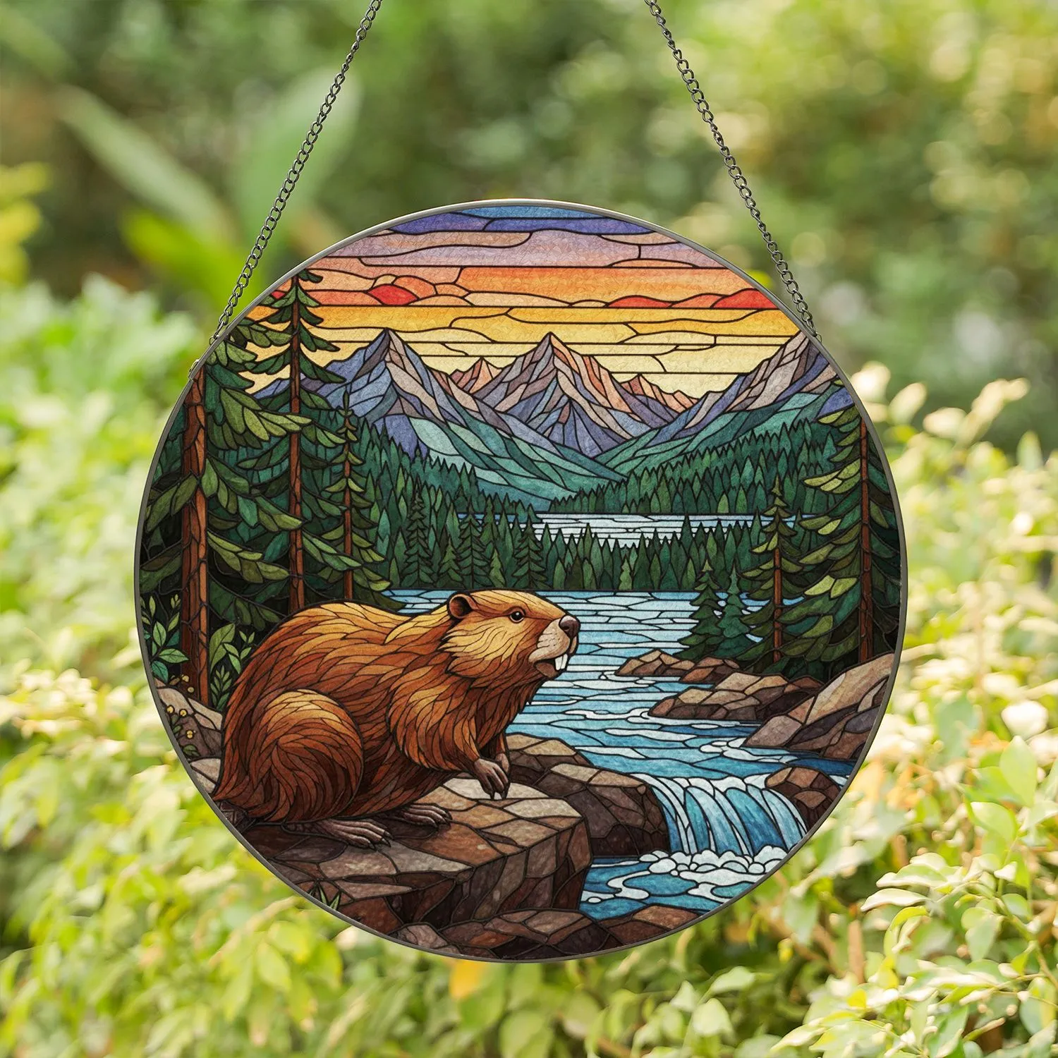 Stained Glass Beaver Mountain River Landscape Artwork - Tiffany Style Evergreen Forest Rapids Stained Glass Suncatcher - 1