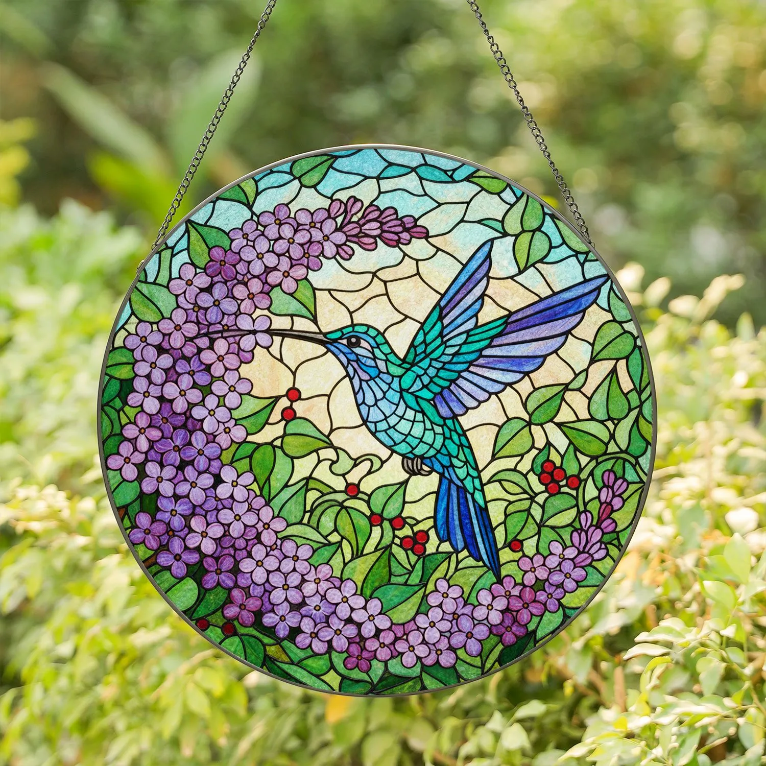 Vibrant Hummingbird Lilac Flowers Tiffany Stained Glass Jewel Tone Garden Mosaic Stained Glass Suncatcher - 1