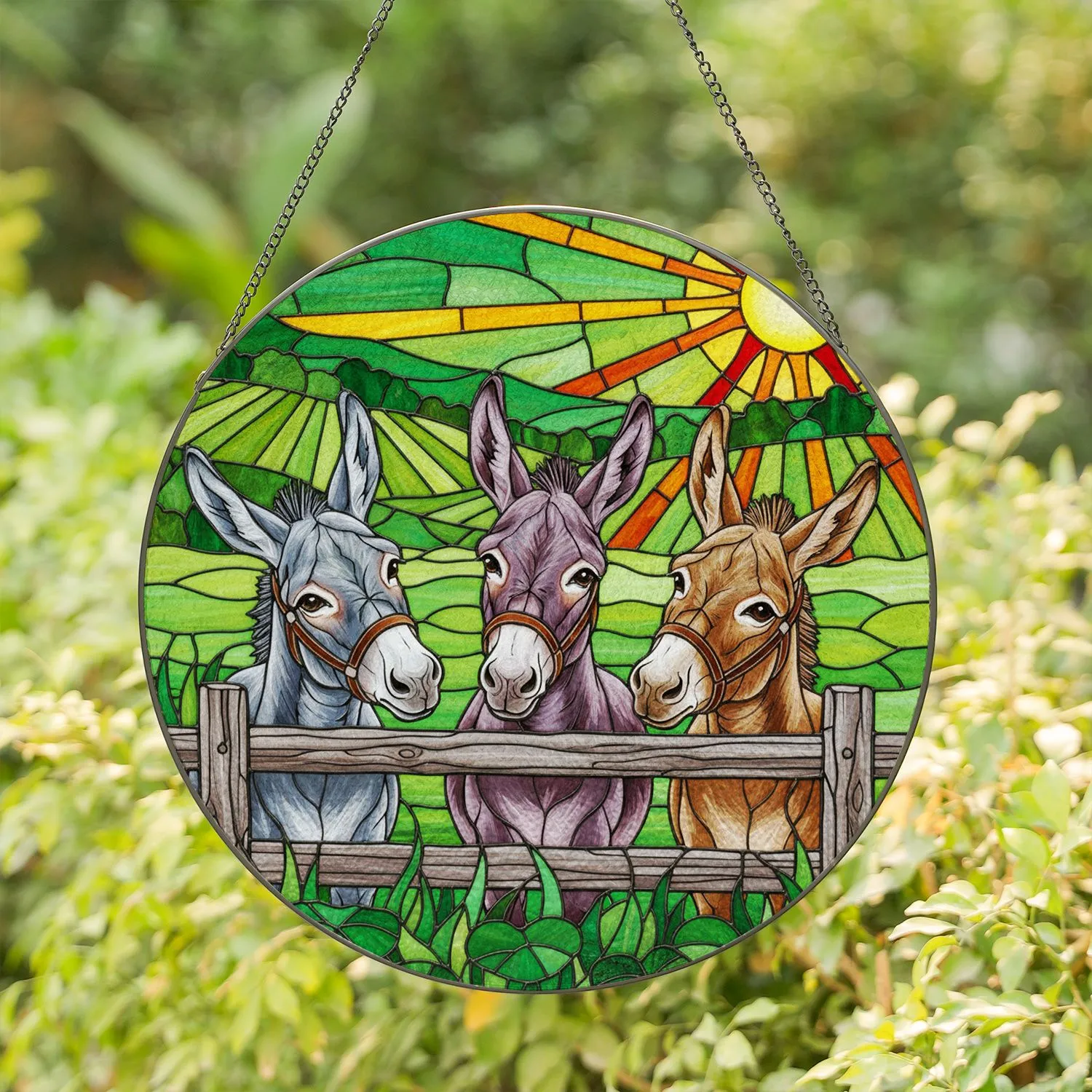 Curious Donkeys Rustic Wooden Fence Stained Glass - Rolling Green Hills & Radiant Sun Art Stained Glass Suncatcher - 1