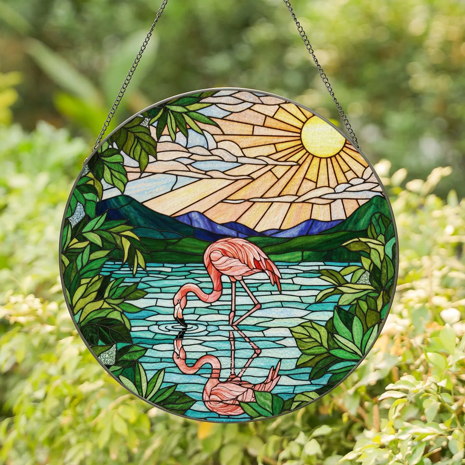Pink Flamingo Stained Glass Tropical Leaves Tiffany Style Mountain Sunset Reflection Stained Glass Suncatcher - 1