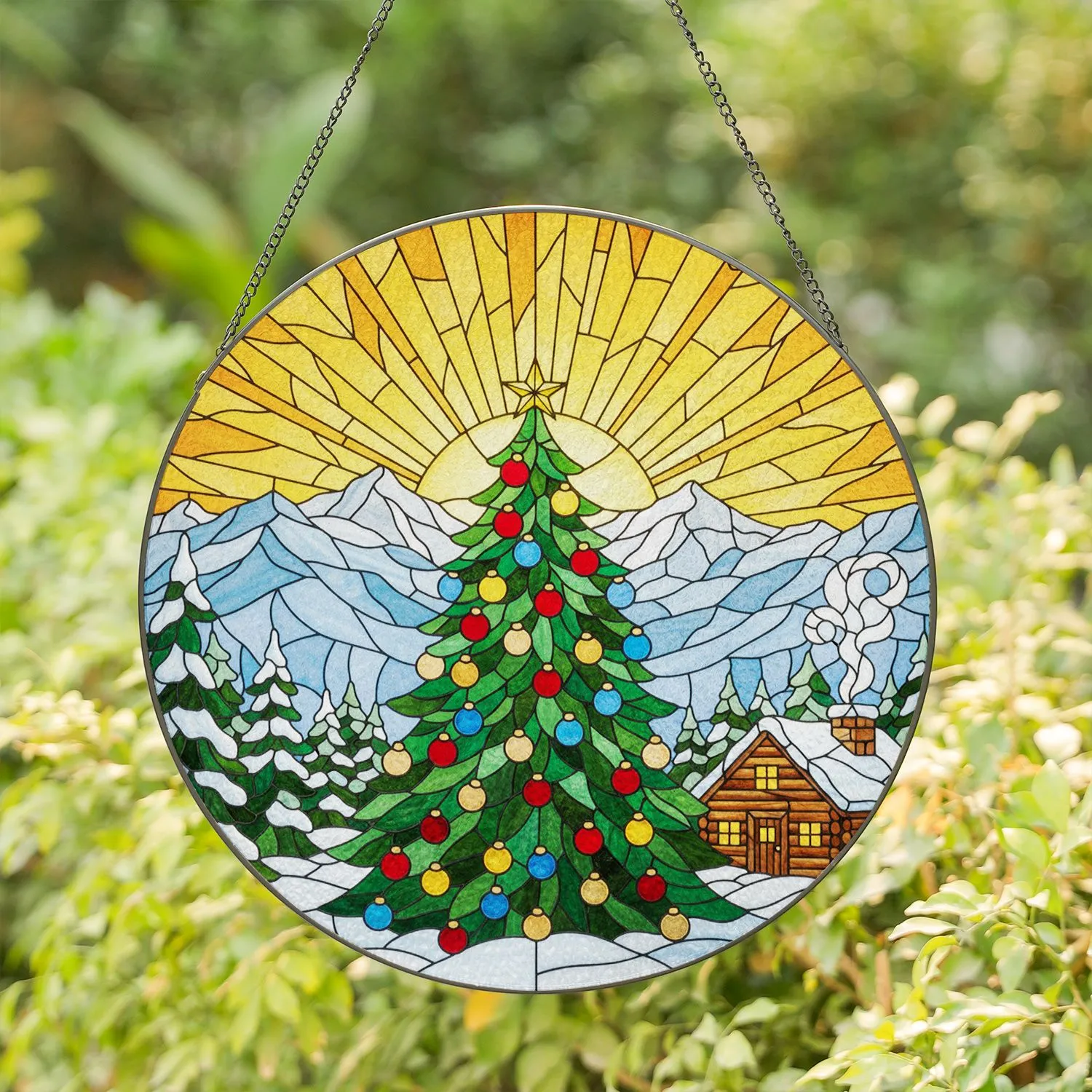 Intricate Tiffany Stained Glass Christmas Tree Log Cabin Snow Mountains Sun Holiday Decor Stained Glass Suncatcher - 1