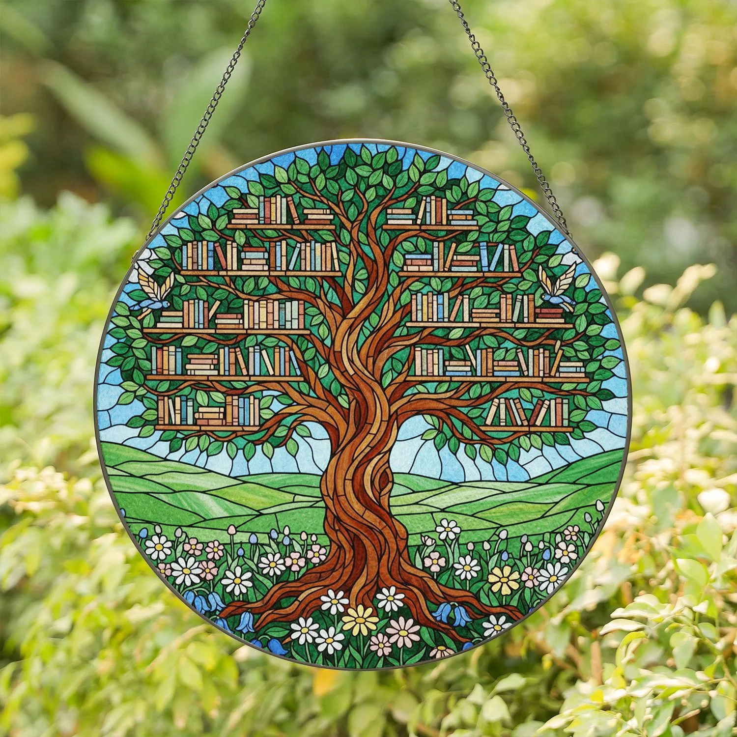 Majestic Tree with Books, Butterflies, Flowers, Rolling Hills, Jewel Tone Stained Glass Stained Glass Suncatcher - 1