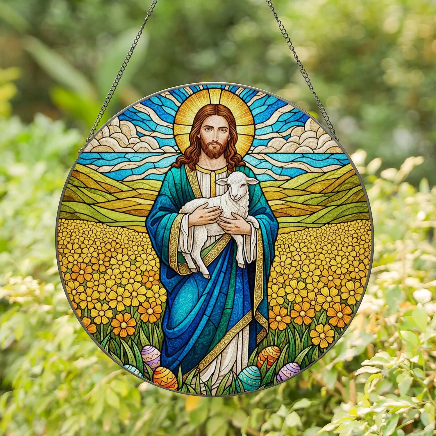 Jesus Christ Lamb Golden Halo Stained Glass Easter Eggs - Tiffany Art Religious Decor Stained Glass Suncatcher - 1