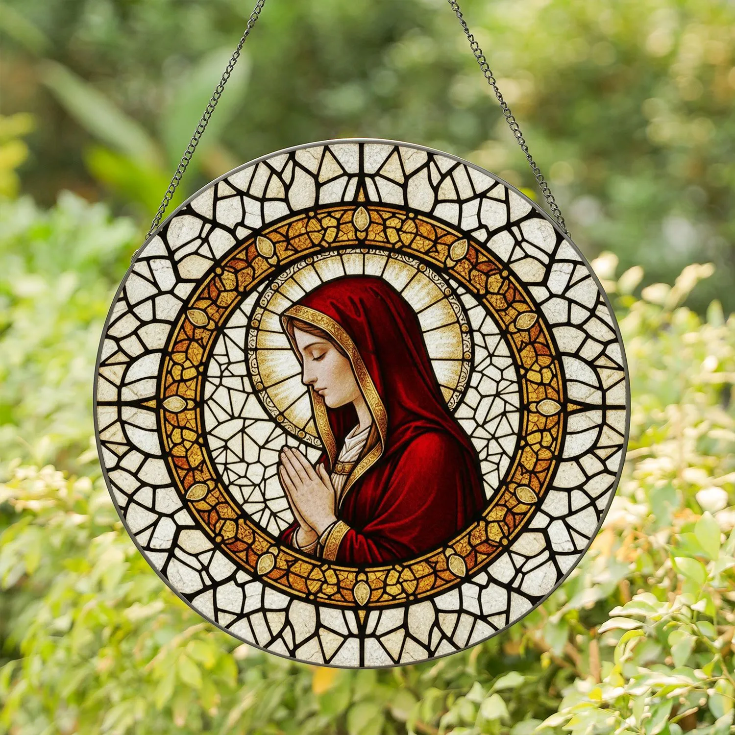 Serene Veiled Woman Prayer Stained Glass Mosaic - Red Robe, Amber Border, Cream White Stained Glass Suncatcher - 1