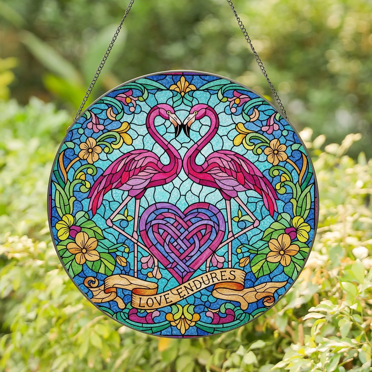 Flamingo Heart Tiffany Stained Glass Tropical Flower Intricate Mosaic Art Jewel Tones Stained Glass Suncatcher - 1
