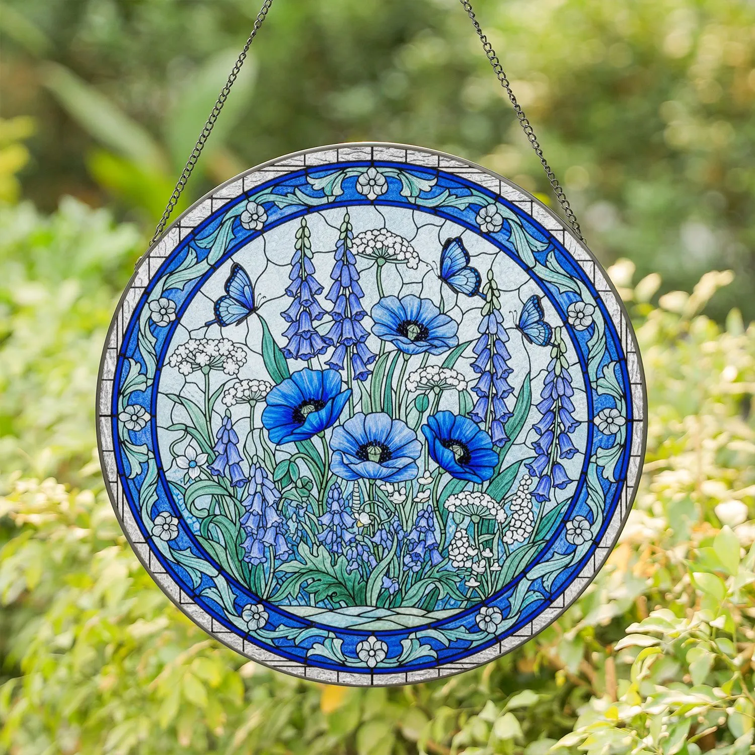 Stained Glass Blue Flower Garden Butterflies - Luminous Textured Glass Art Decor Stained Glass Suncatcher - 1