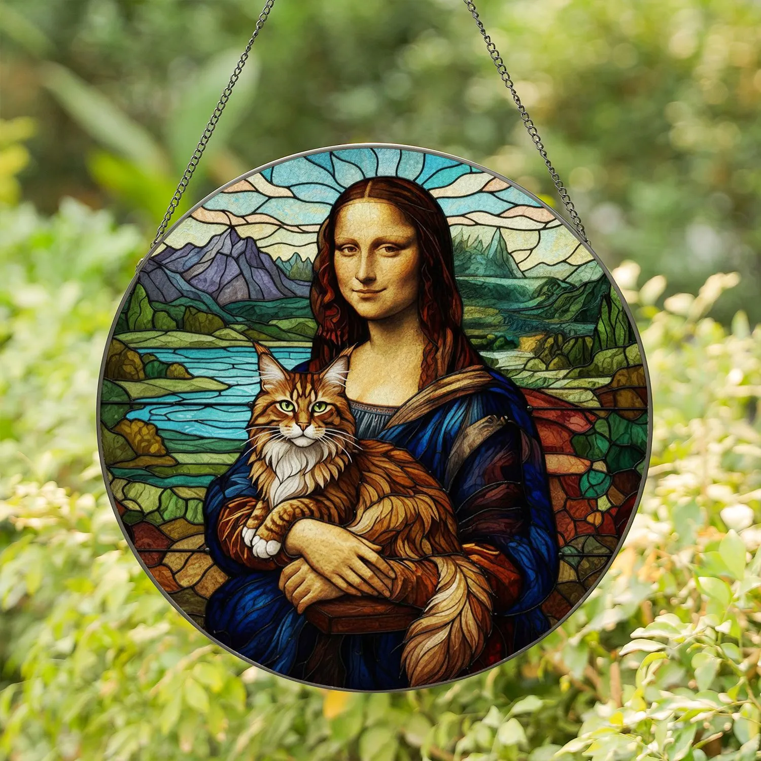 Mona Lisa Maine Coon Cat Stained Glass Art - Tiffany Style Jewel Tone Mosaic Landscape Stained Glass Suncatcher - 1