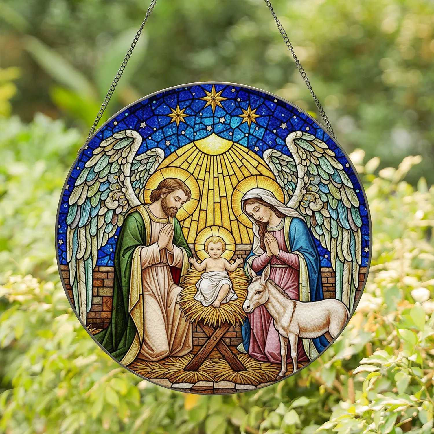 Baby Jesus Manger Nativity Stained Glass - Joseph Mary Donkey Angel Wings Golden Stars Stained Glass Suncatcher - 1