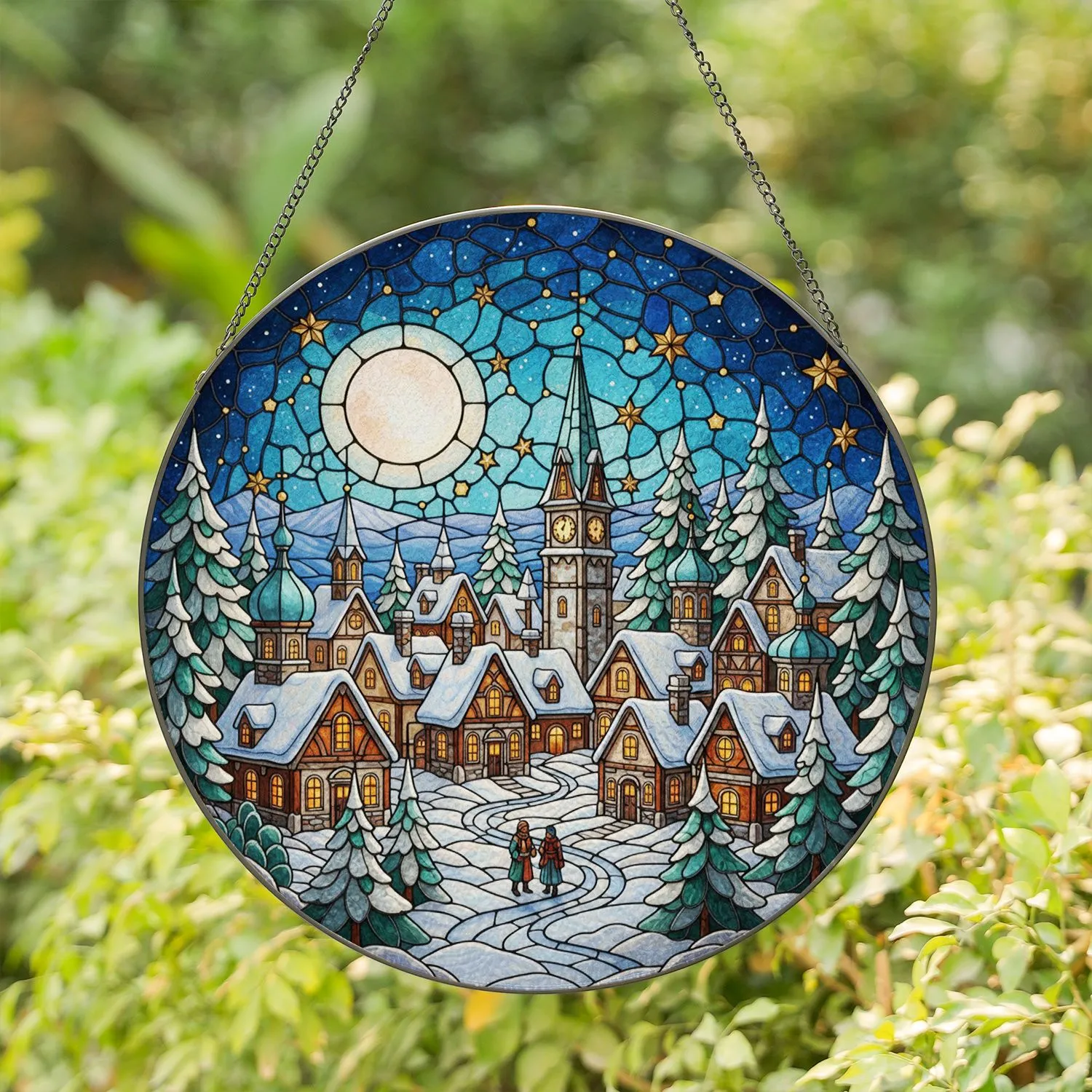 Tiffany Style Snow Village Stained Glass - European Twilight Winter Night Clock Tower Stained Glass Suncatcher - 1