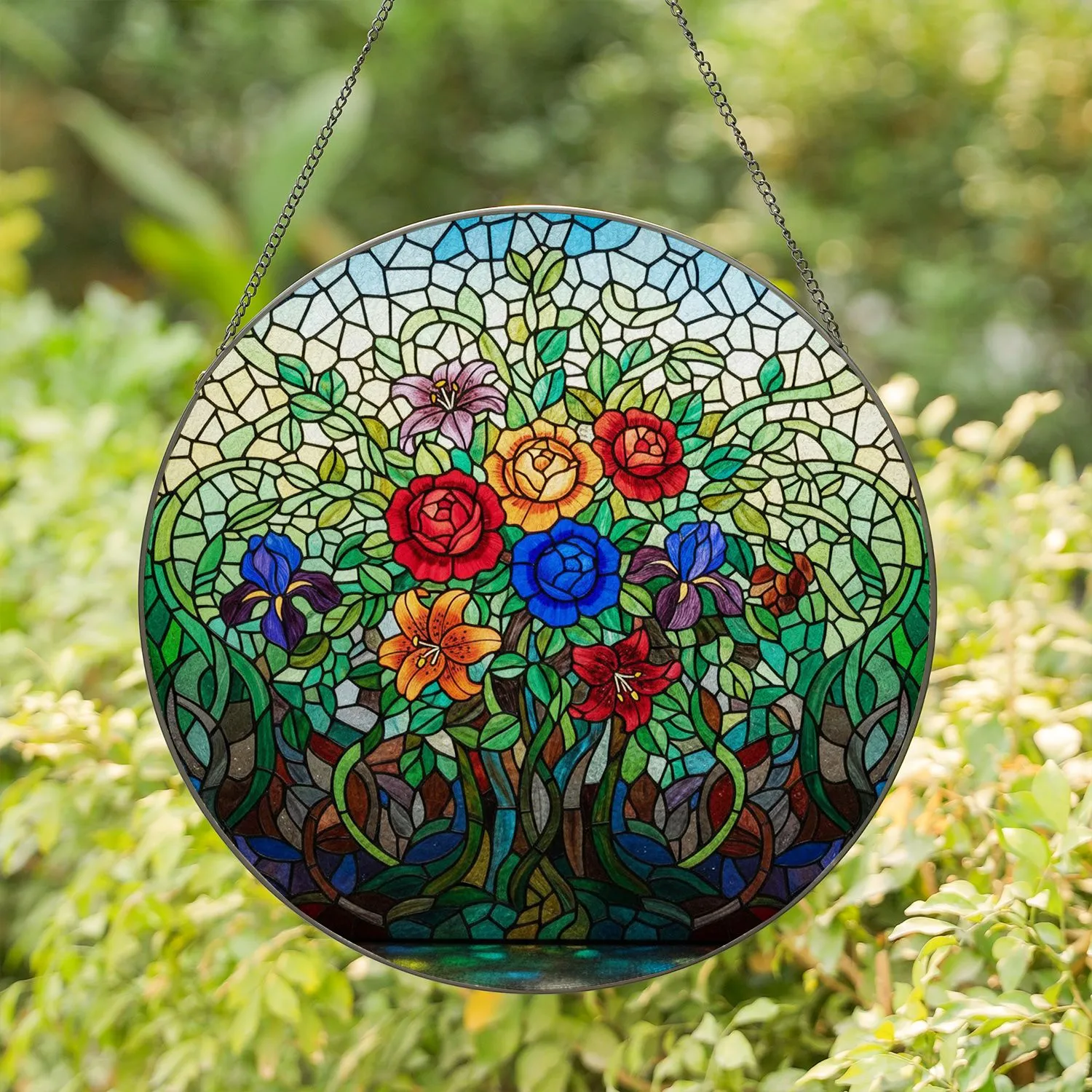 Intricate Stained Glass Floral Bouquet - Tiffany Style Glowing Jewel Tone Mosaic Art Stained Glass Suncatcher - 1