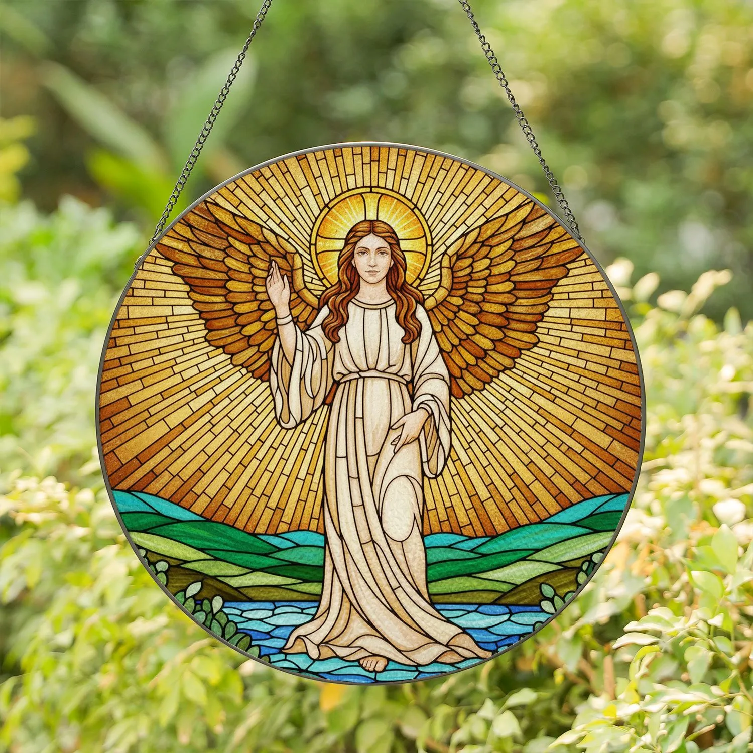 Angel Figure Stained Glass Golden Wings, Halo Cross, Tiffany Jewel Tones, Radiant Sunburst Stained Glass Suncatcher - 1
