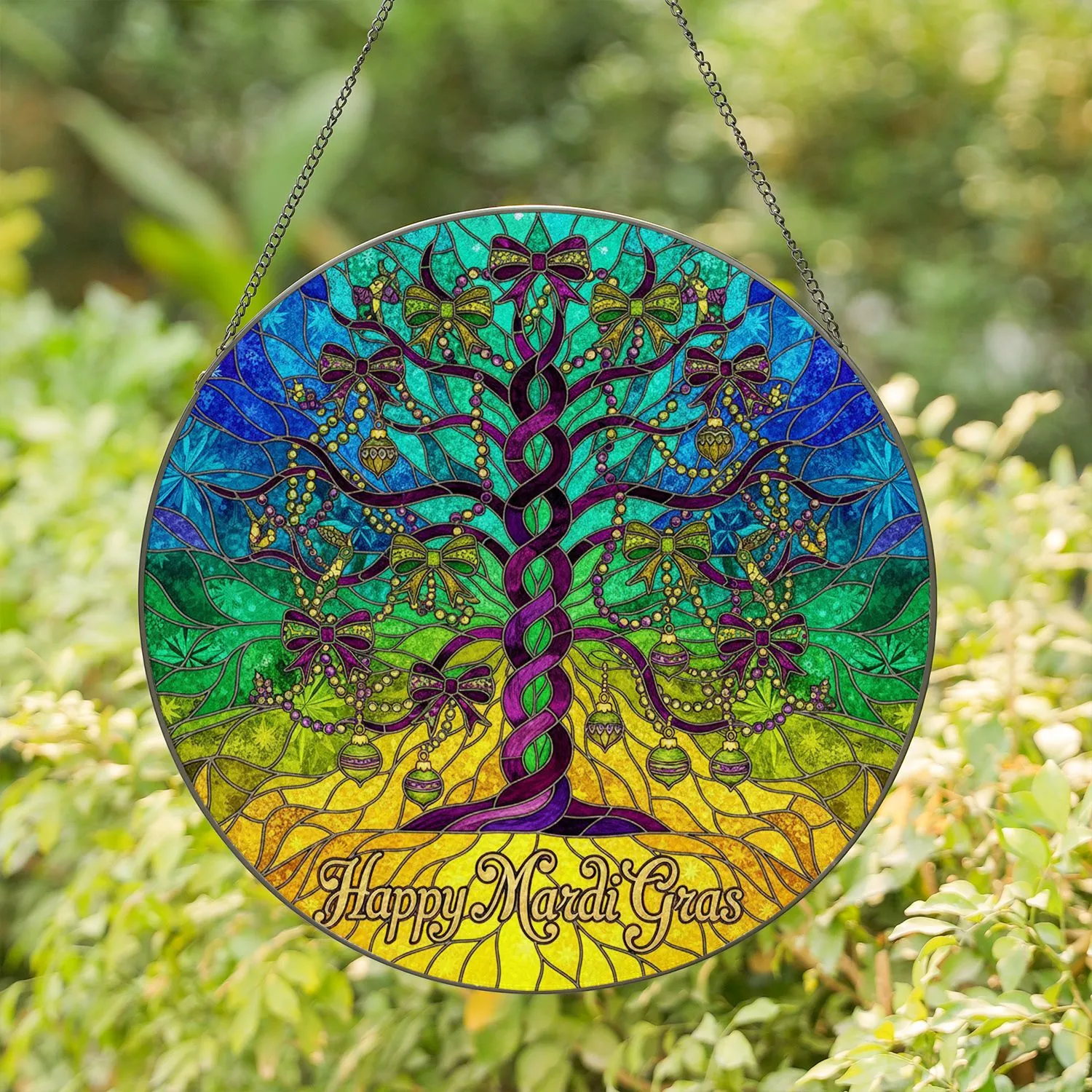 Mardi Gras Tree Stained Glass - Purple Green Gold Beads & Ornaments Celebration Art Stained Glass Suncatcher - 1