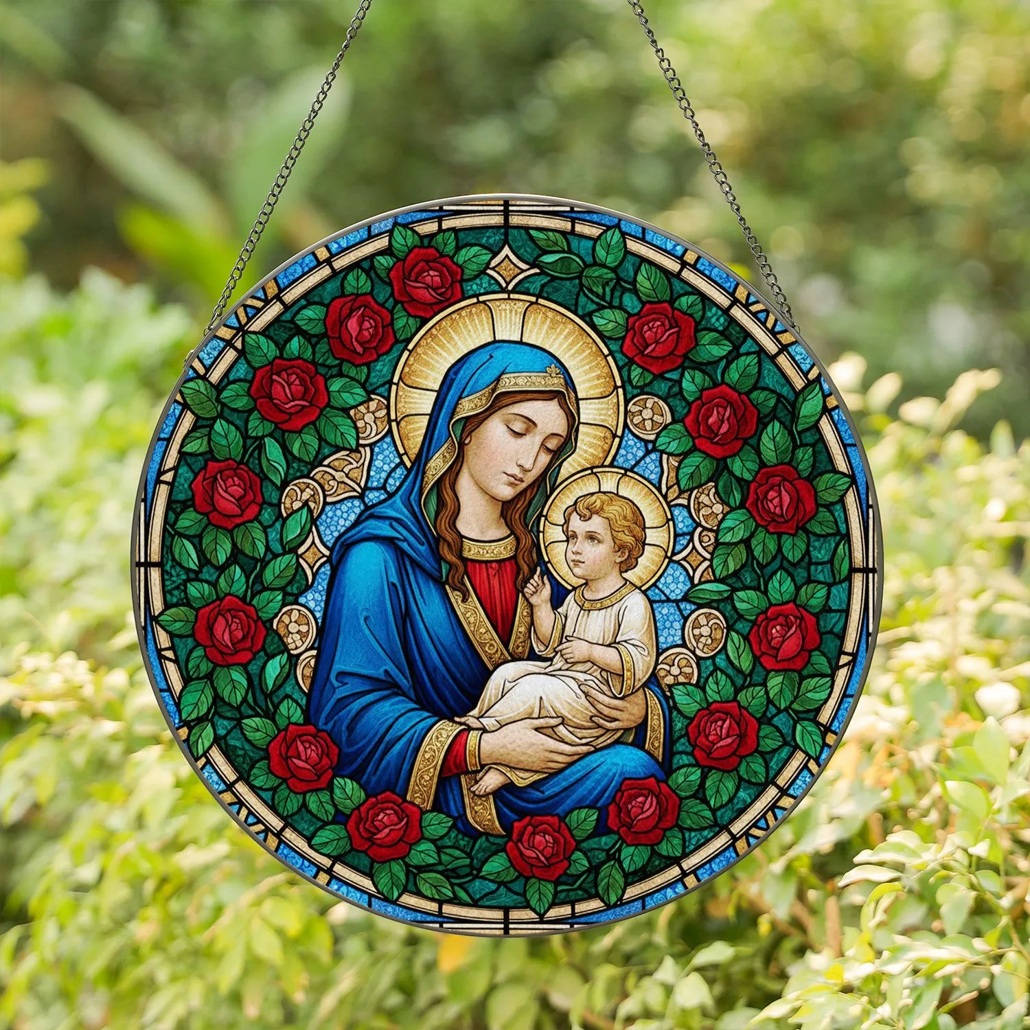 Virgin Mary Infant Jesus Stained Glass - Tiffany Jewel Tone Garden Mosaic Spiritual Gift Stained Glass Suncatcher - 1