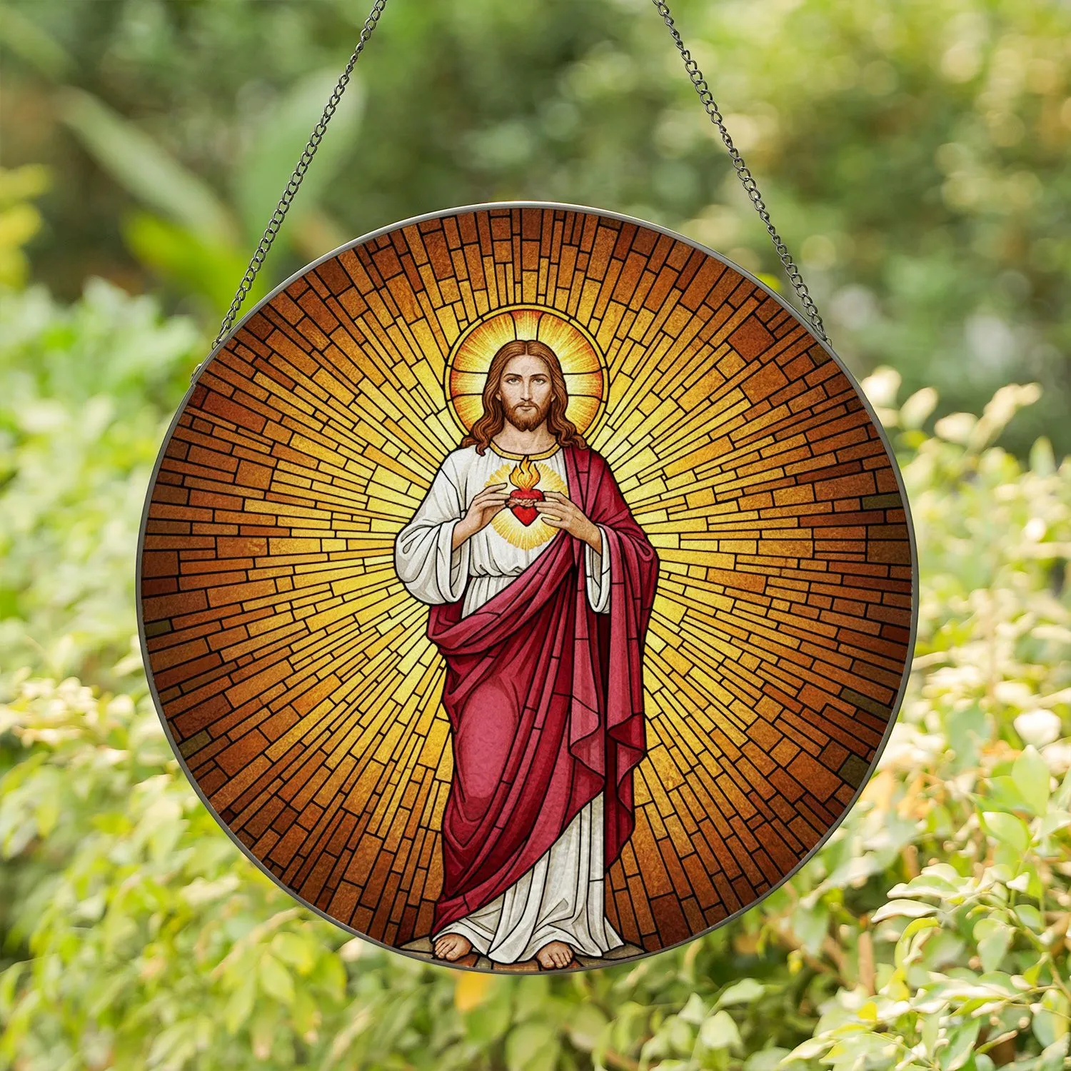 Jesus Christ Sacred Heart Stained Glass Art Tiffany Style Golden Light Rays Mosaic Stained Glass Suncatcher - 1