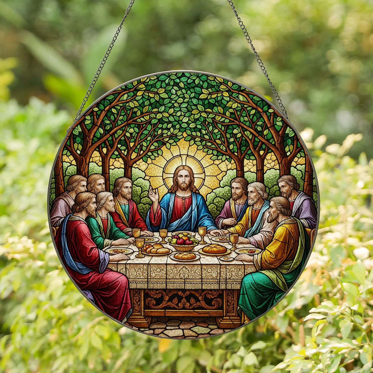 Stained Glass Jesus Christ Disciples Garden Table Blessing - Christian Home Spiritual Art Stained Glass Suncatcher - 1