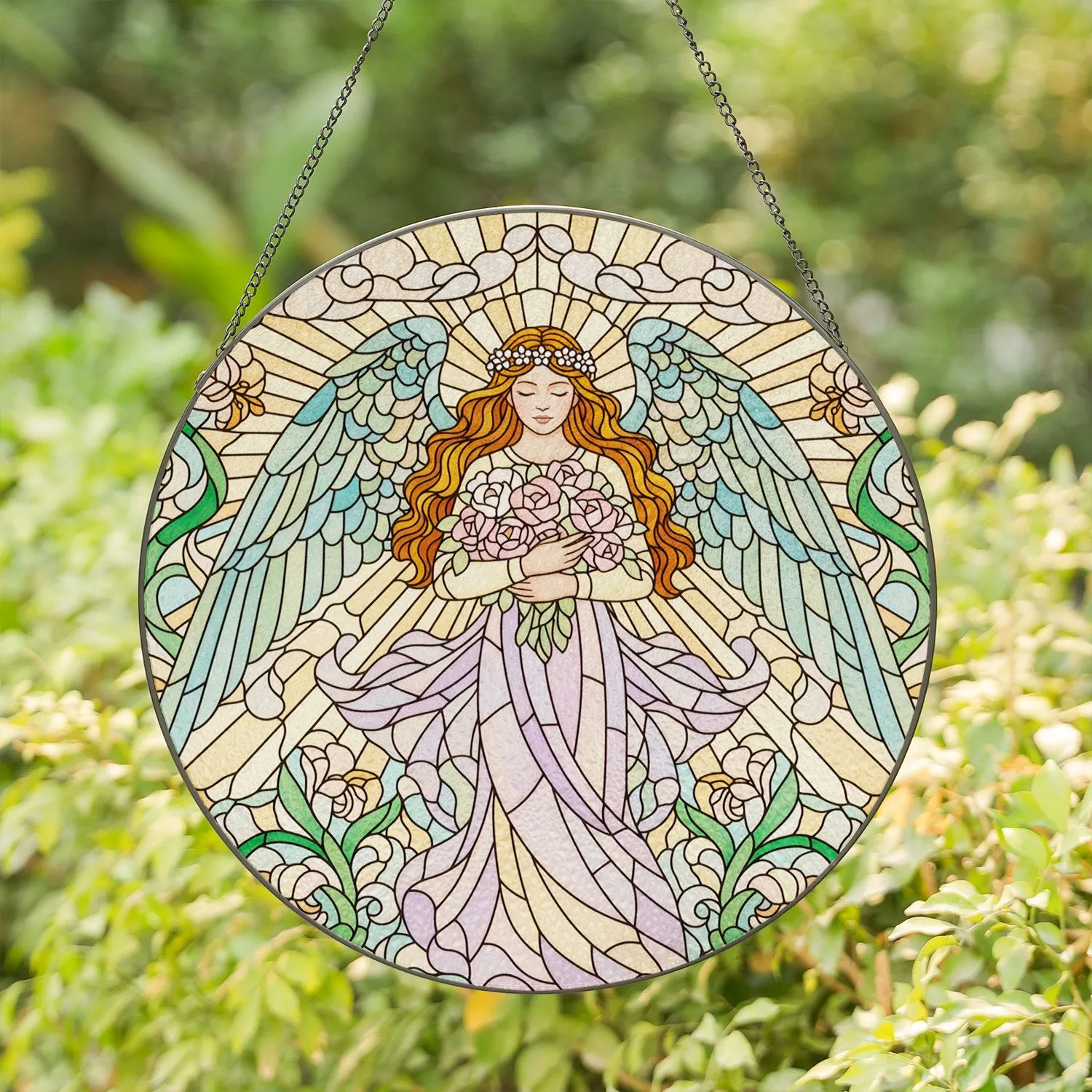 Stained Glass Angel Flower Bouquet Art - Intricate Serene Ethereal Window Decor Stained Glass Suncatcher - 1