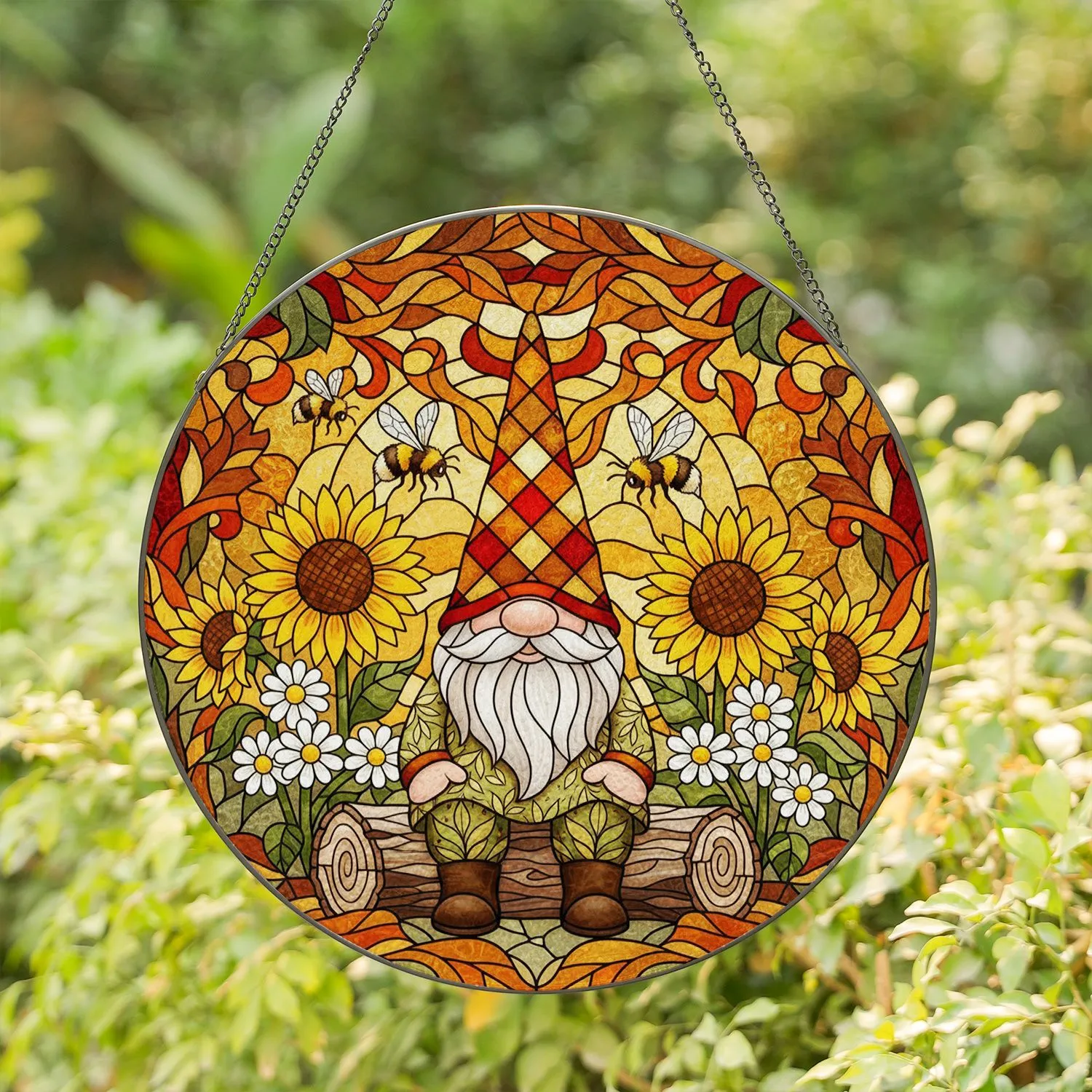 Garden Gnome Sunflowers Bumblebees Tiffany Glass Autumnal Jewel Tones - Window Art Stained Glass Suncatcher - 1