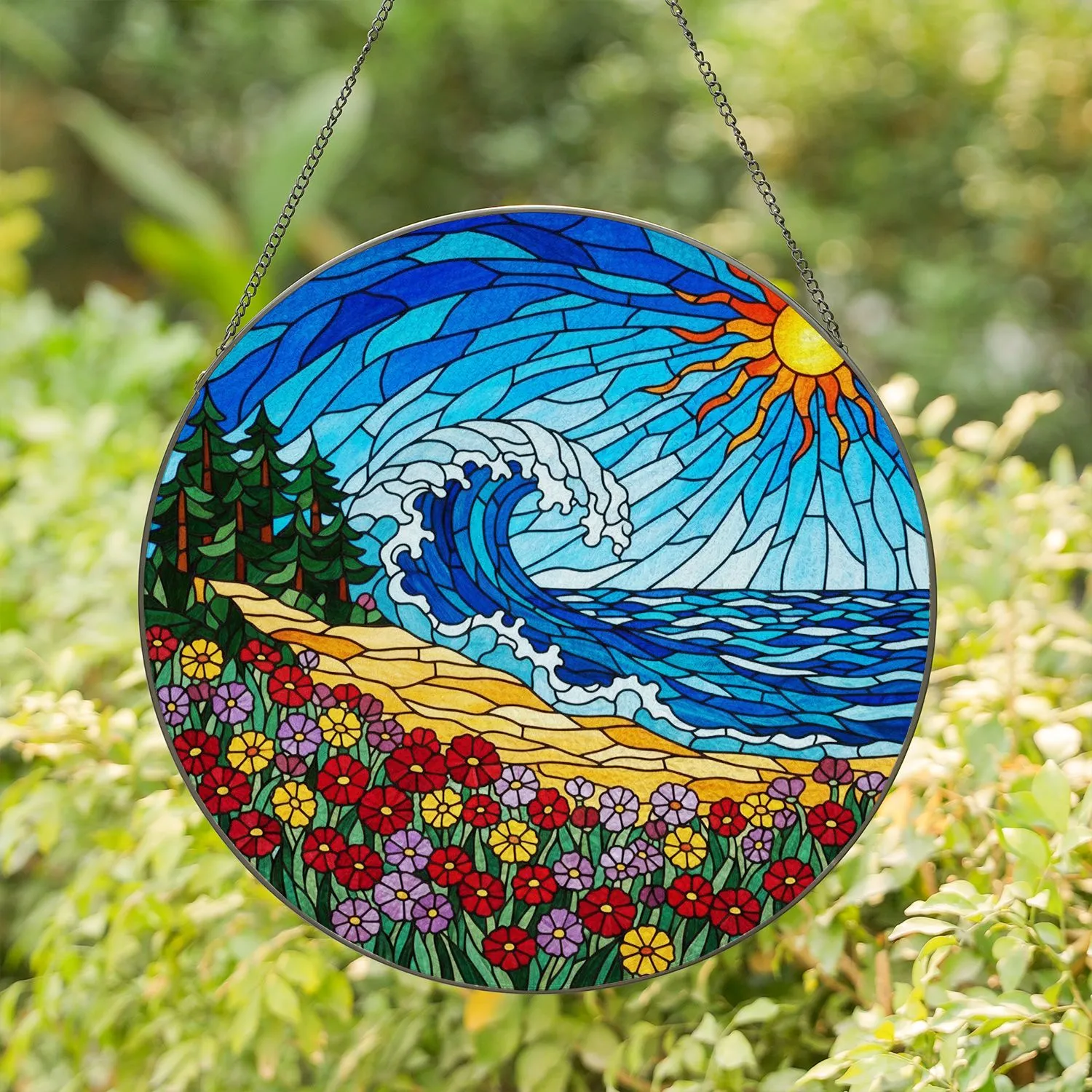 Coastal Ocean Wave Beach Pine Trees Wildflowers Sky Sun Stained Glass Jewel Tones Stained Glass Suncatcher - 1
