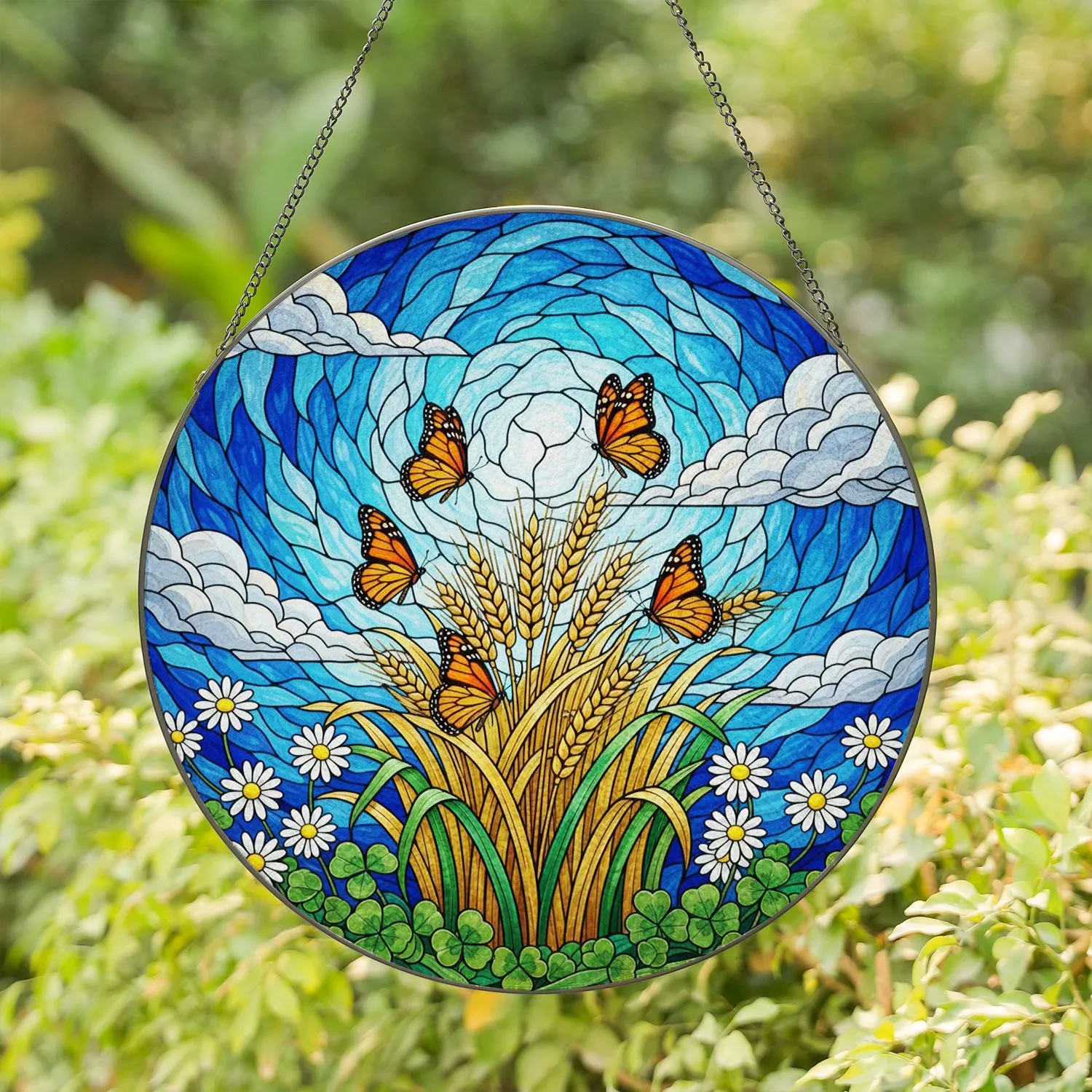 Intricate Jewel-Tone Monarch Butterfly Wheat Field Swirling Sky Stained Glass Art Stained Glass Suncatcher - 1