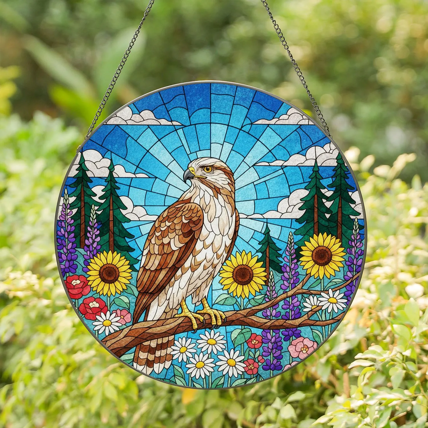 Majestic Hawk Stained Glass Wildflowers, Conifer Trees, Blue Sky, Clouds & Suns - Nature Decor Gift Stained Glass Suncatcher - 1