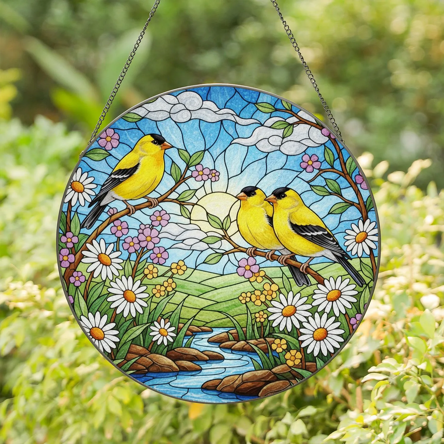 American Goldfinch Stained Glass Daisies Wildflowers Stream Landscape Tiffany Style Stained Glass Suncatcher - 1