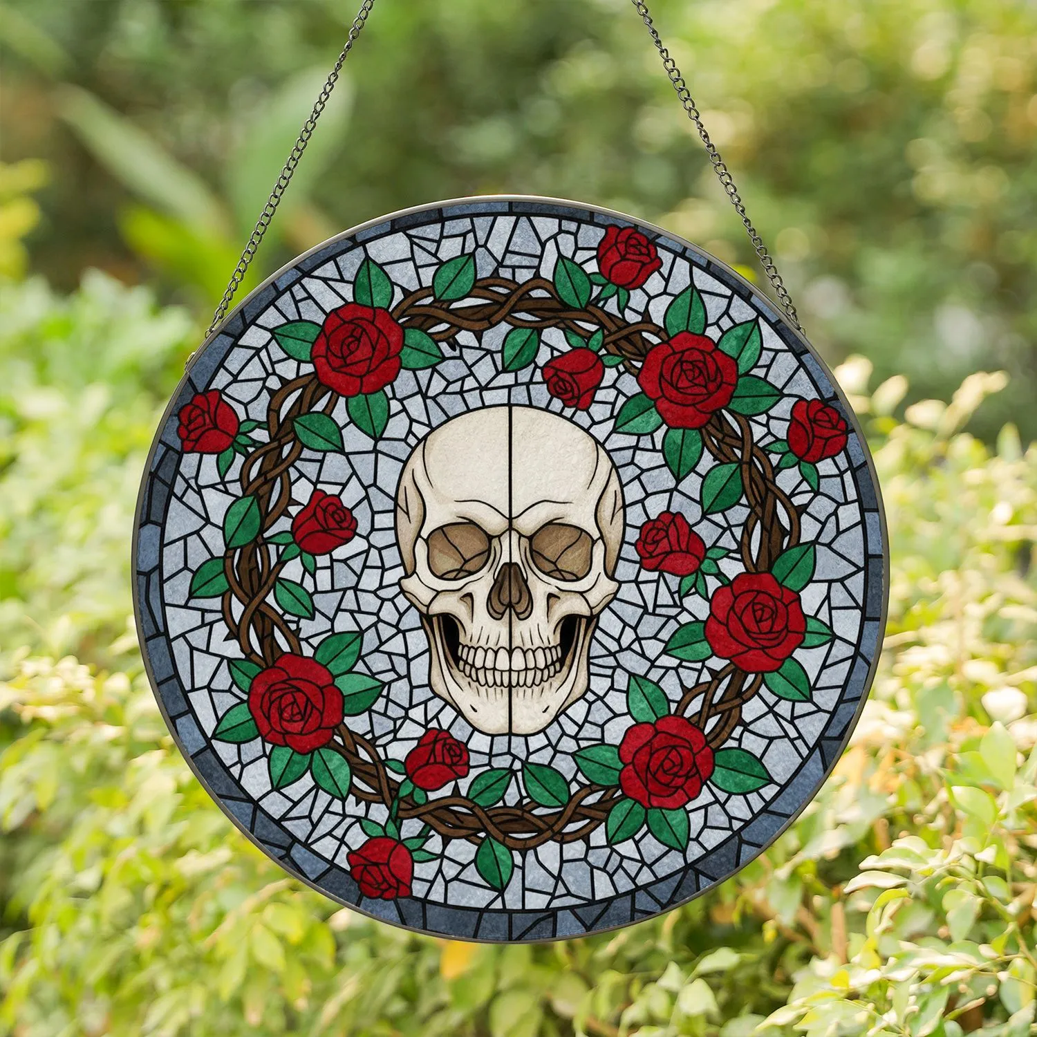 Human Skull Red Roses Thorny Vines Tiffany Glass Style Stained Glass Intricate Mosaic Stained Glass Suncatcher - 1