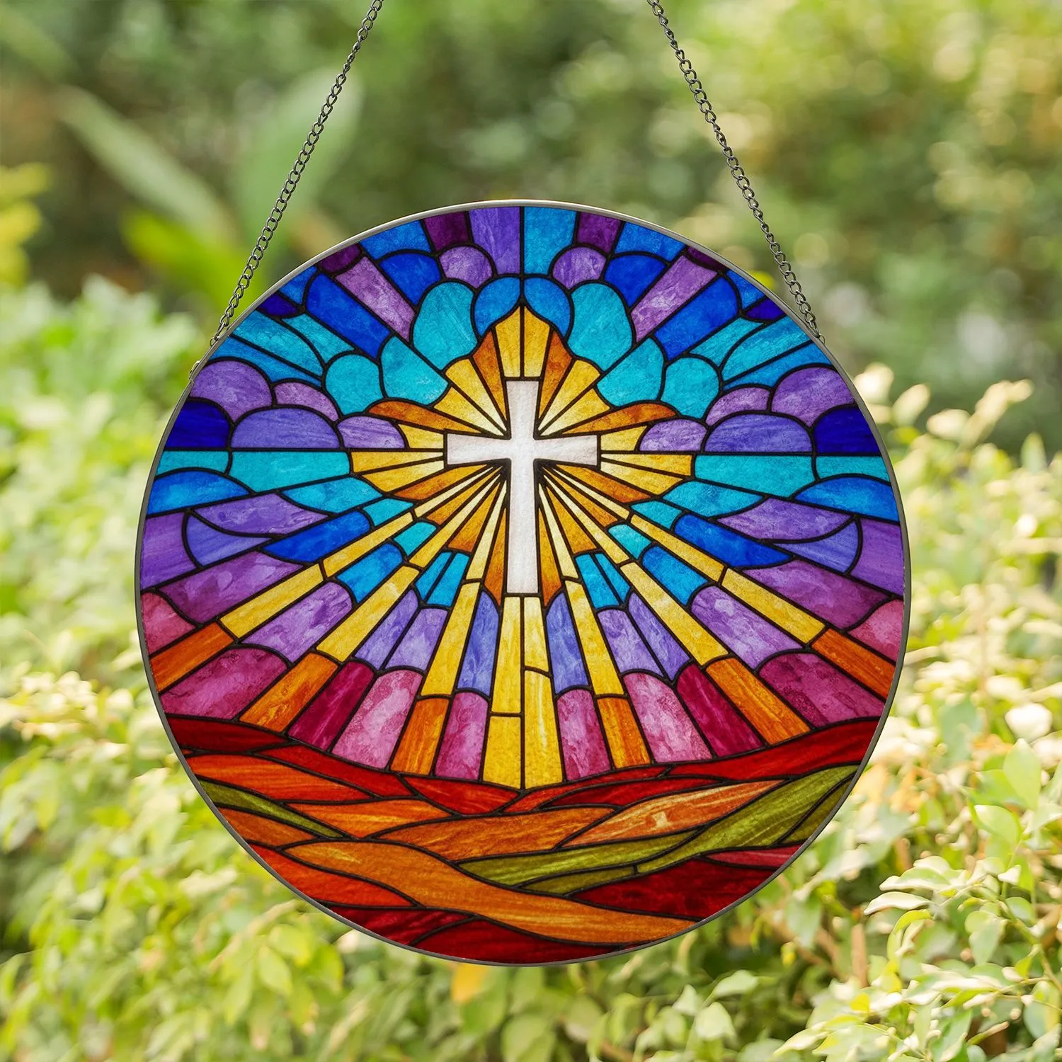 Glowing Cross Golden Rays Stained Glass - Tiffany Style Sky Mosaic Jewel Tone Art Stained Glass Suncatcher - 1