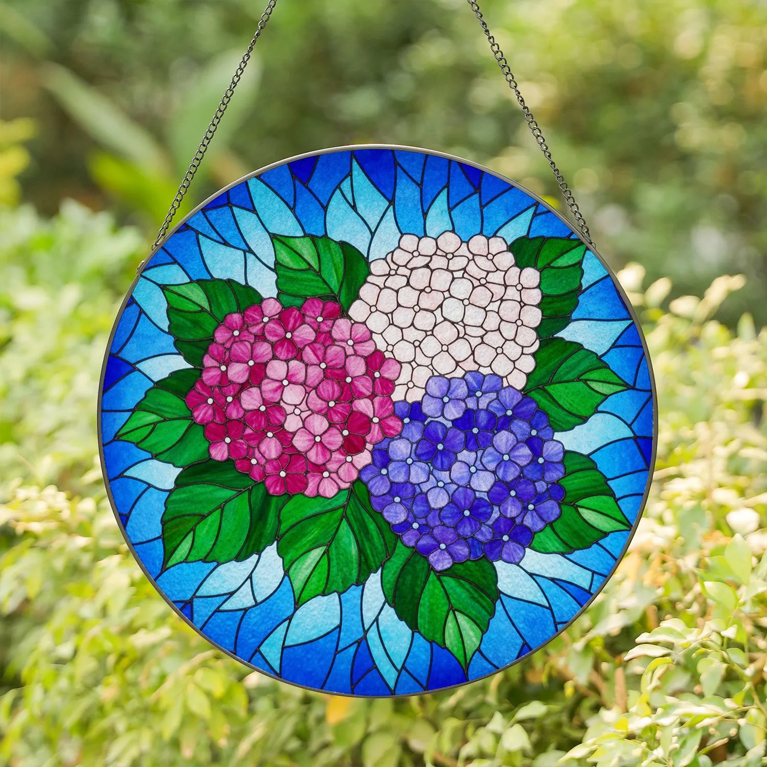 Tiffany Style Stained Glass Hydrangea Flowers - Jewel Tone Magenta Pink Blue Purple Mosaic Art Stained Glass Suncatcher - 1