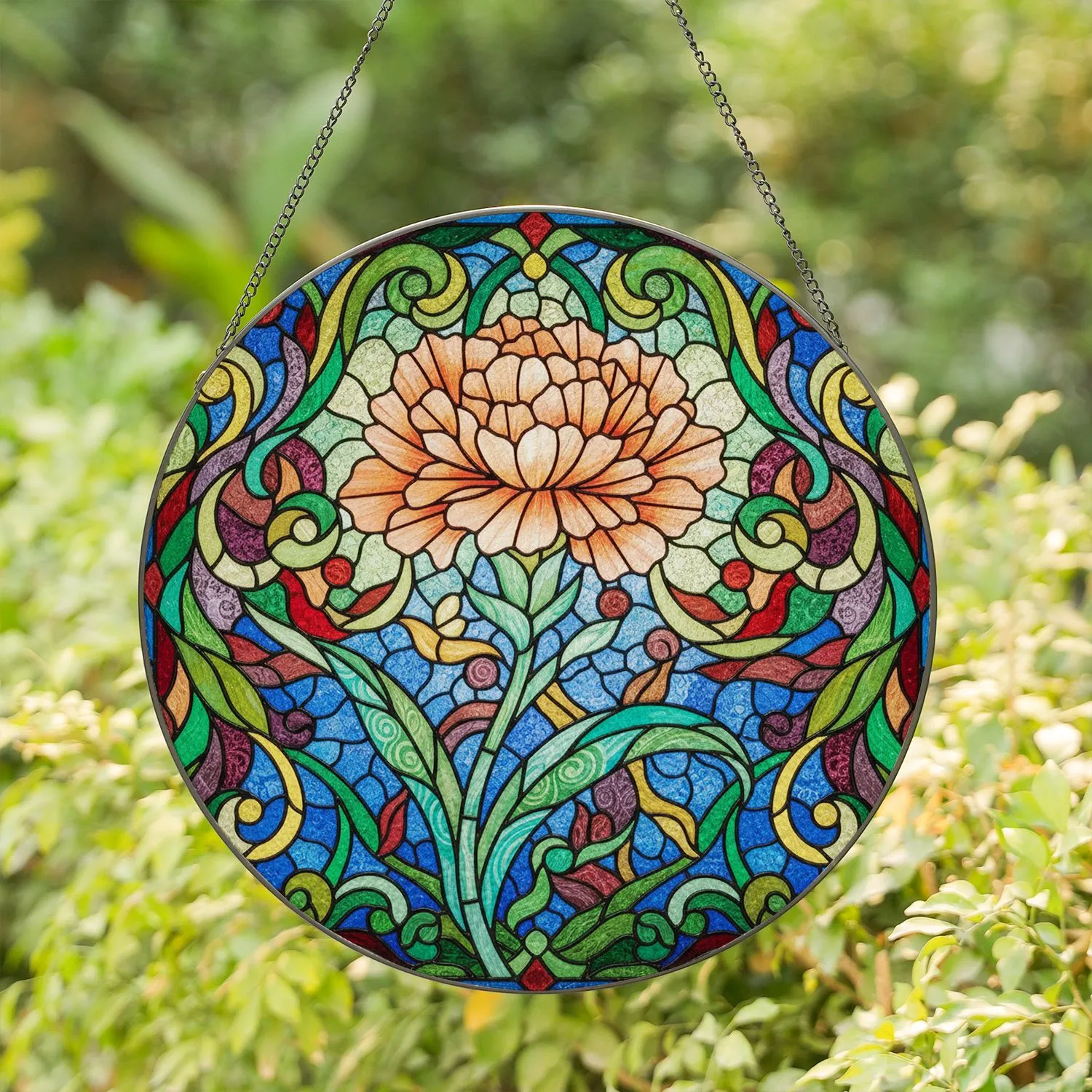 Stained Glass Carnation Peony Bloom Tiffany Style Floral Mosaic Jewel Tone Translucent Art Stained Glass Suncatcher - 1