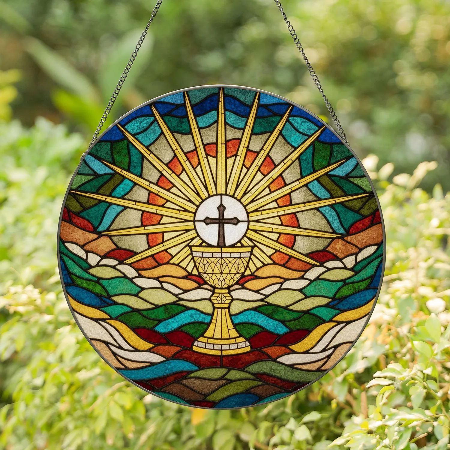 Golden Chalice Host Cross Stained Glass Tiffany Art with Mosaic Light Rays & Organic Hills Stained Glass Suncatcher - 1