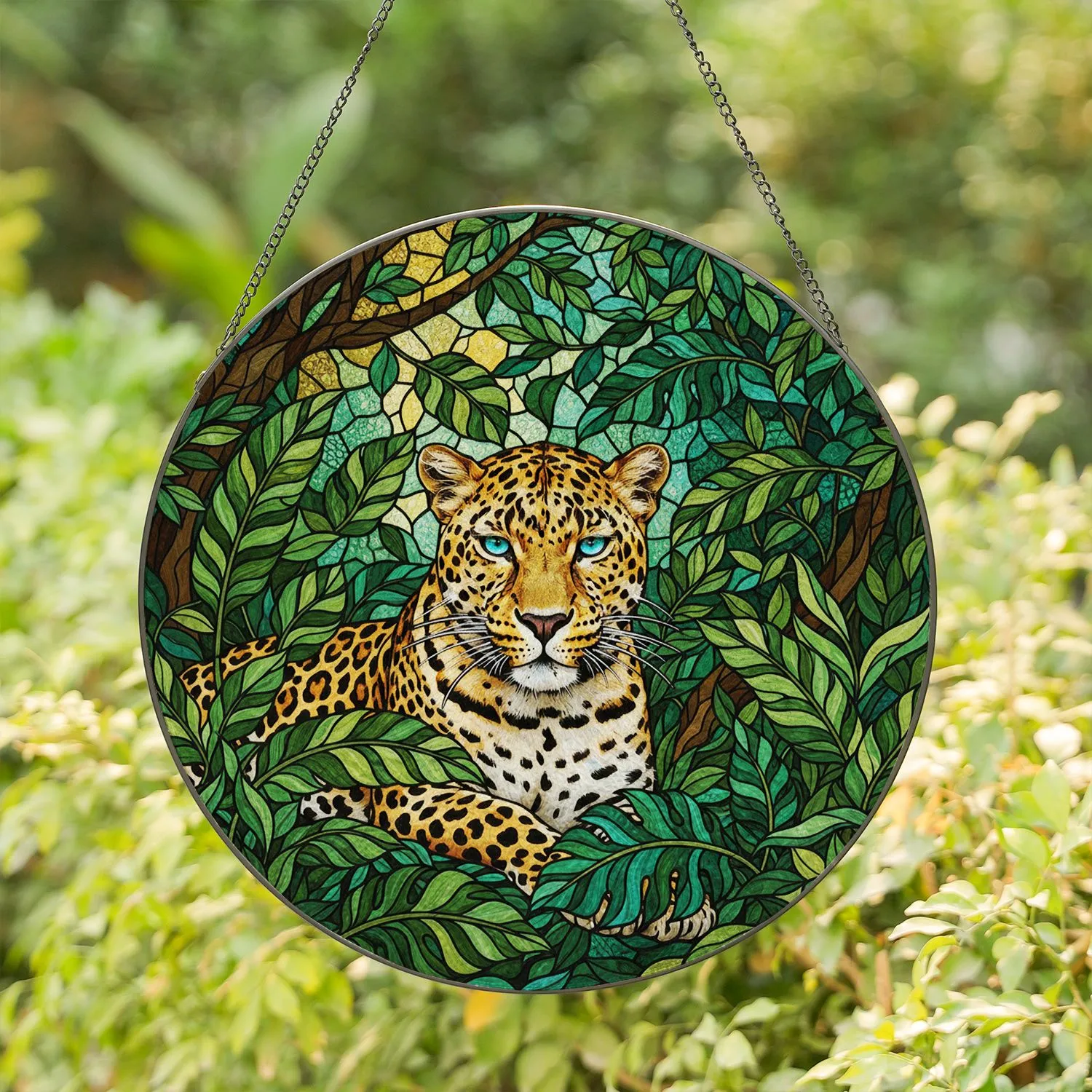 Majestic Leopard Jungle Stained Glass Suncatcher - Tiffany Style Blue Eyes Forest Canopy Art - 1
