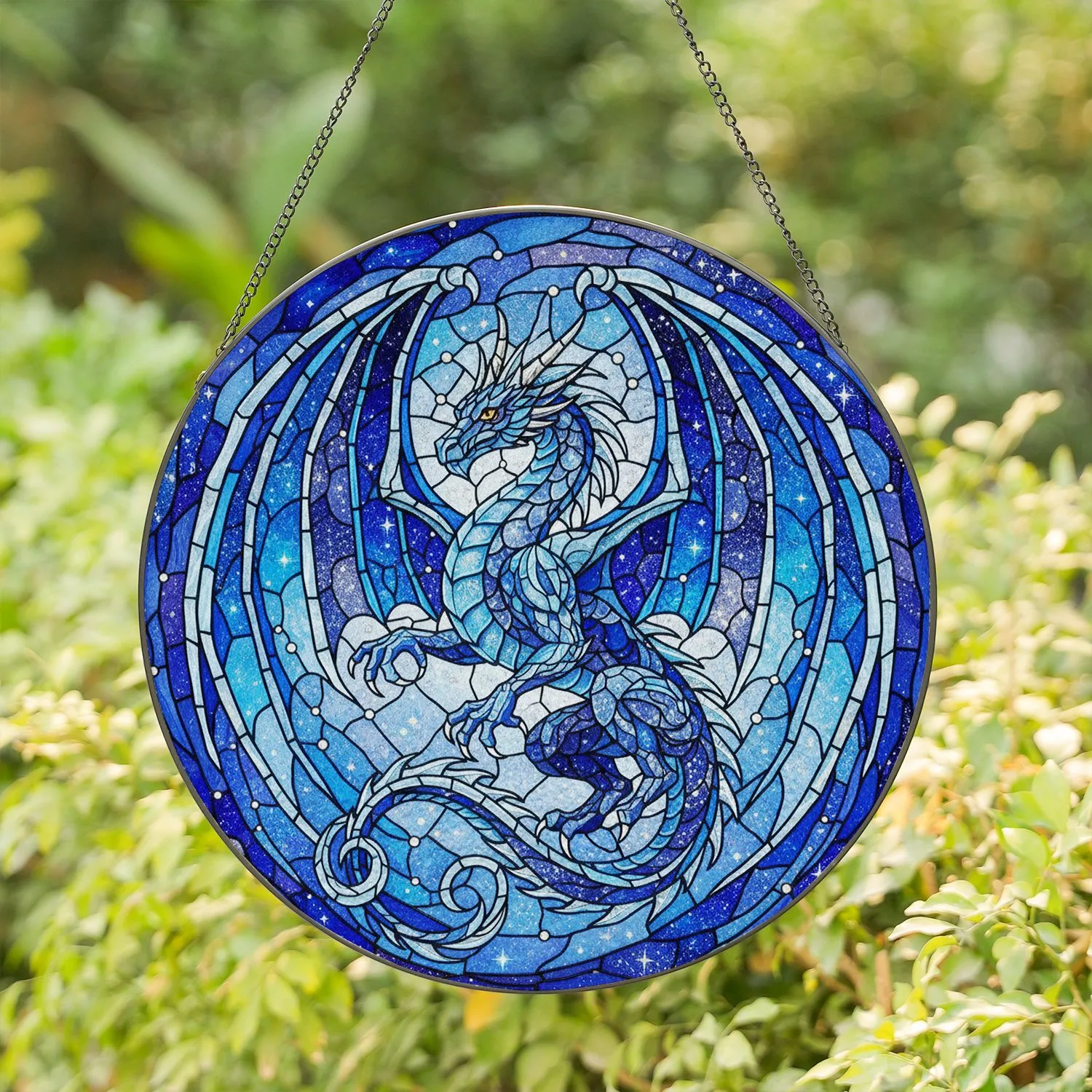 Stained Glass Cosmic Dragon Majestic - Tiffany Style Nebula Stars Edge-to-Edge Jewel Tones Stained Glass Suncatcher - 1