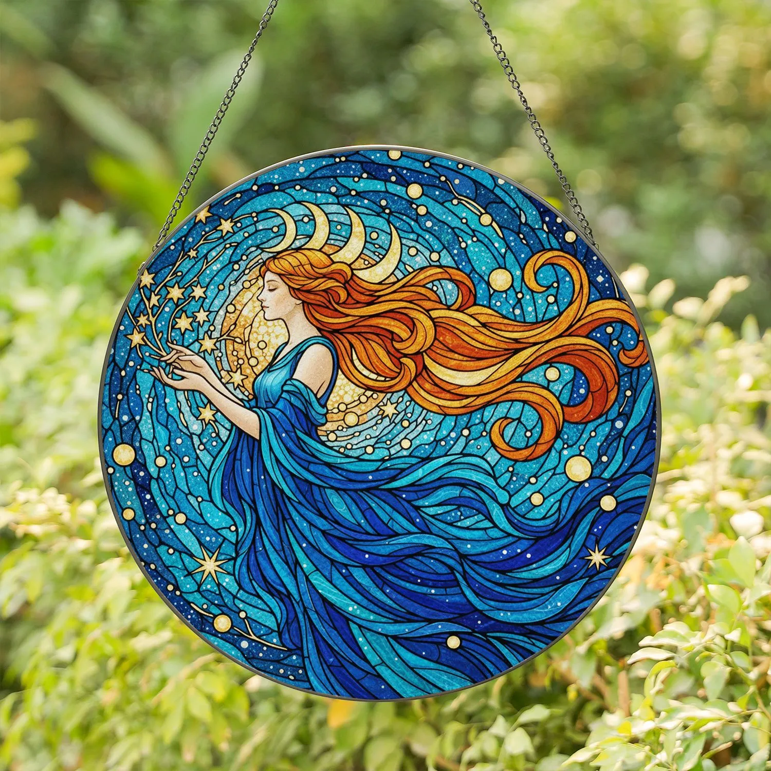 Stained Glass Serene Woman Cosmic Art - Flowing Hair, Golden Stars, Tiffany Style Stained Glass Suncatcher - 1