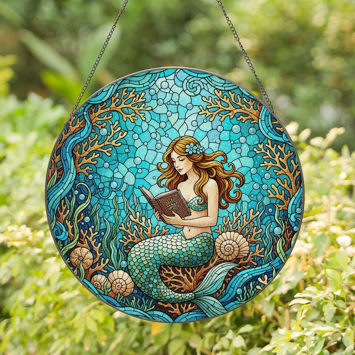 Mermaid Reading Book Stained Glass Coral Reef Scene - Tiffany Style Jewel Tone Art Stained Glass Suncatcher - 1